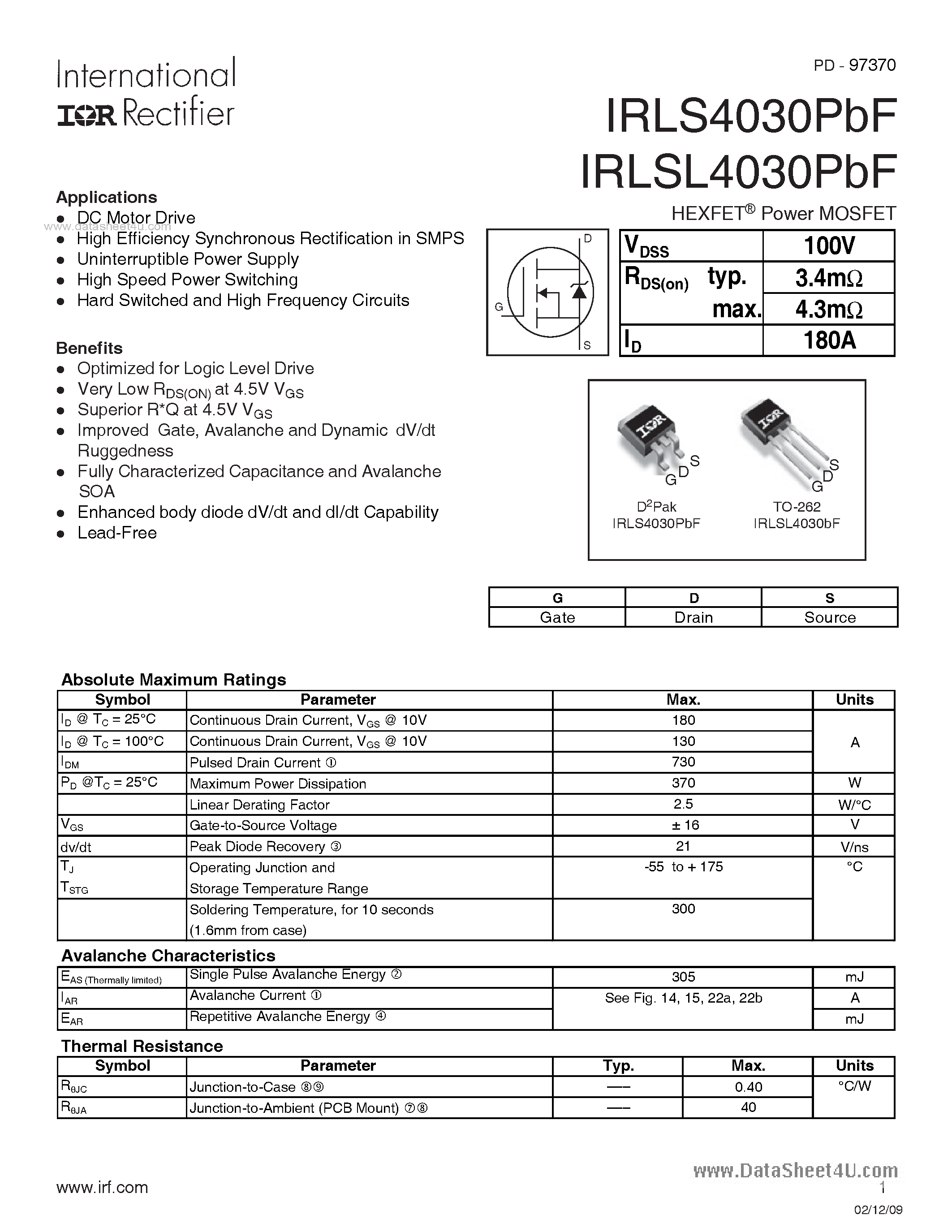 Даташит IRLS4030PBF - 100V Single N-Channel HEXFET Power MOSFET страница 1