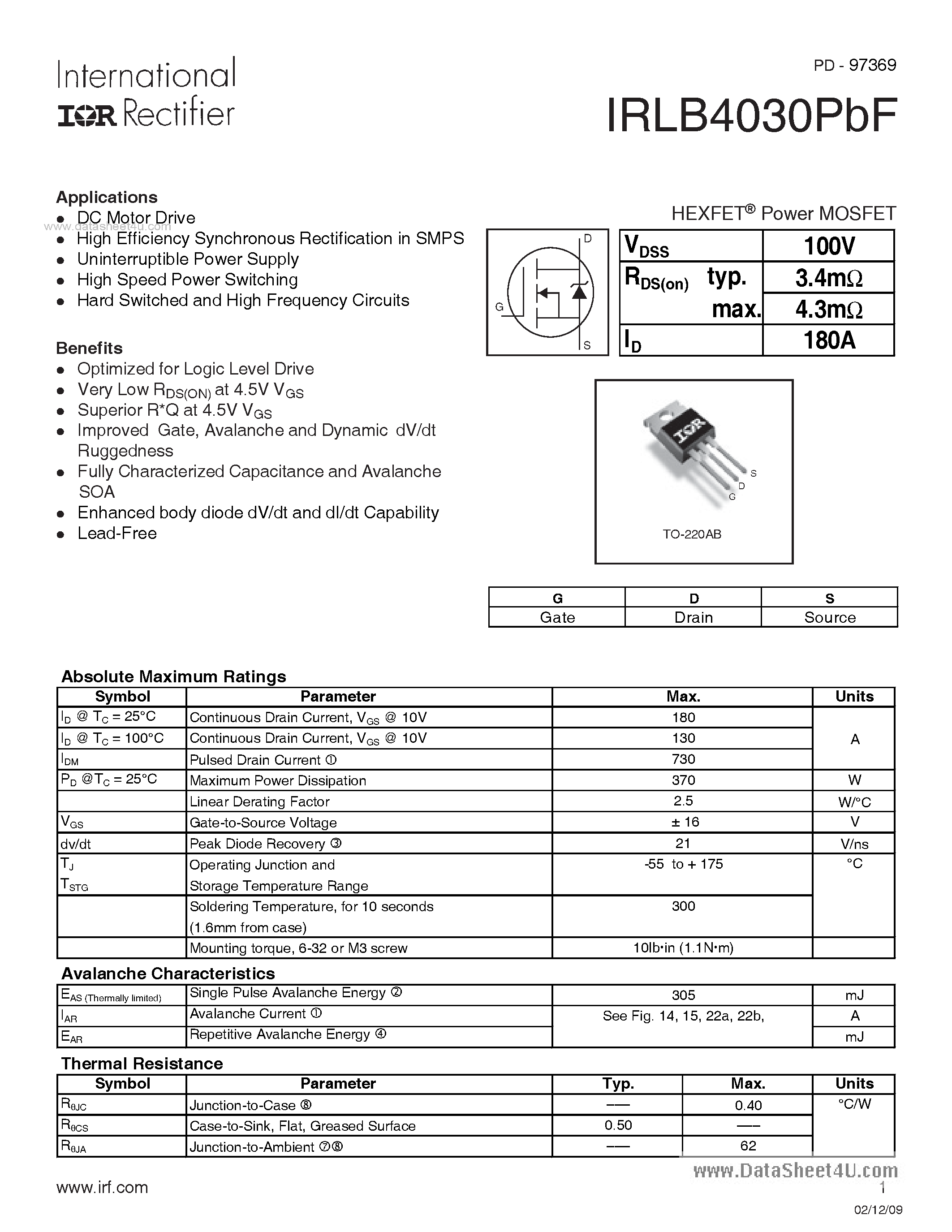 Даташит на микросхему IRLB4030PBF страница 1 Даташит IRLB4030PBF - 100V Single N-Channel HEXFET Power MOSFET страница 1