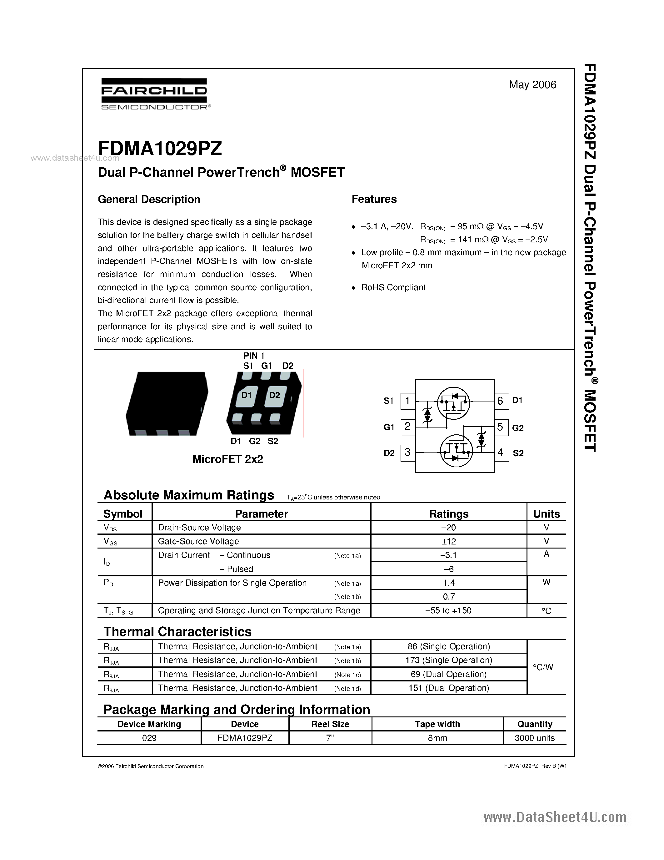 Datasheet FDMA1029PZ - Dual P-Channel PowerTrench MOSFET page 1