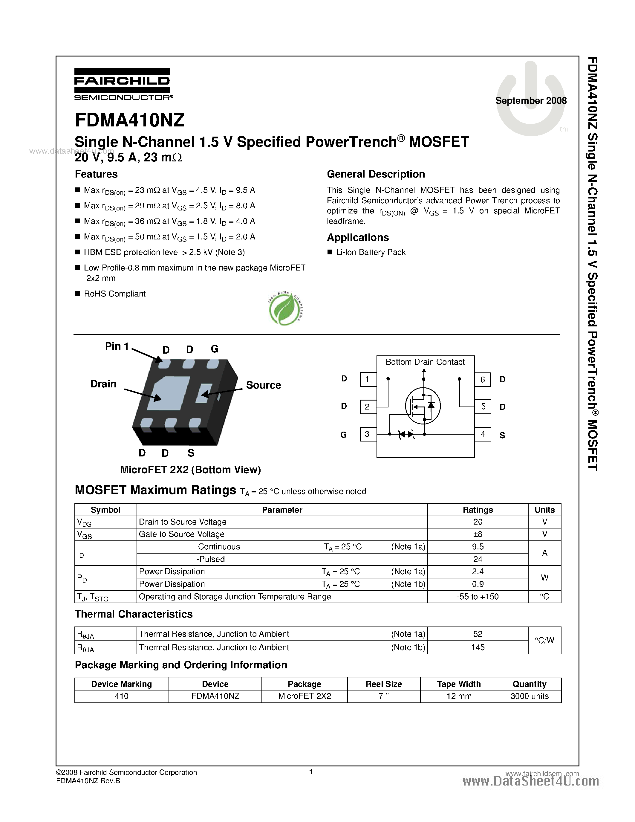 Datasheet FDMA410NZ page 1 Datasheet FDMA410NZ - Single N-Channel 1.5 V Specified PowerTrench MOSFET page 1