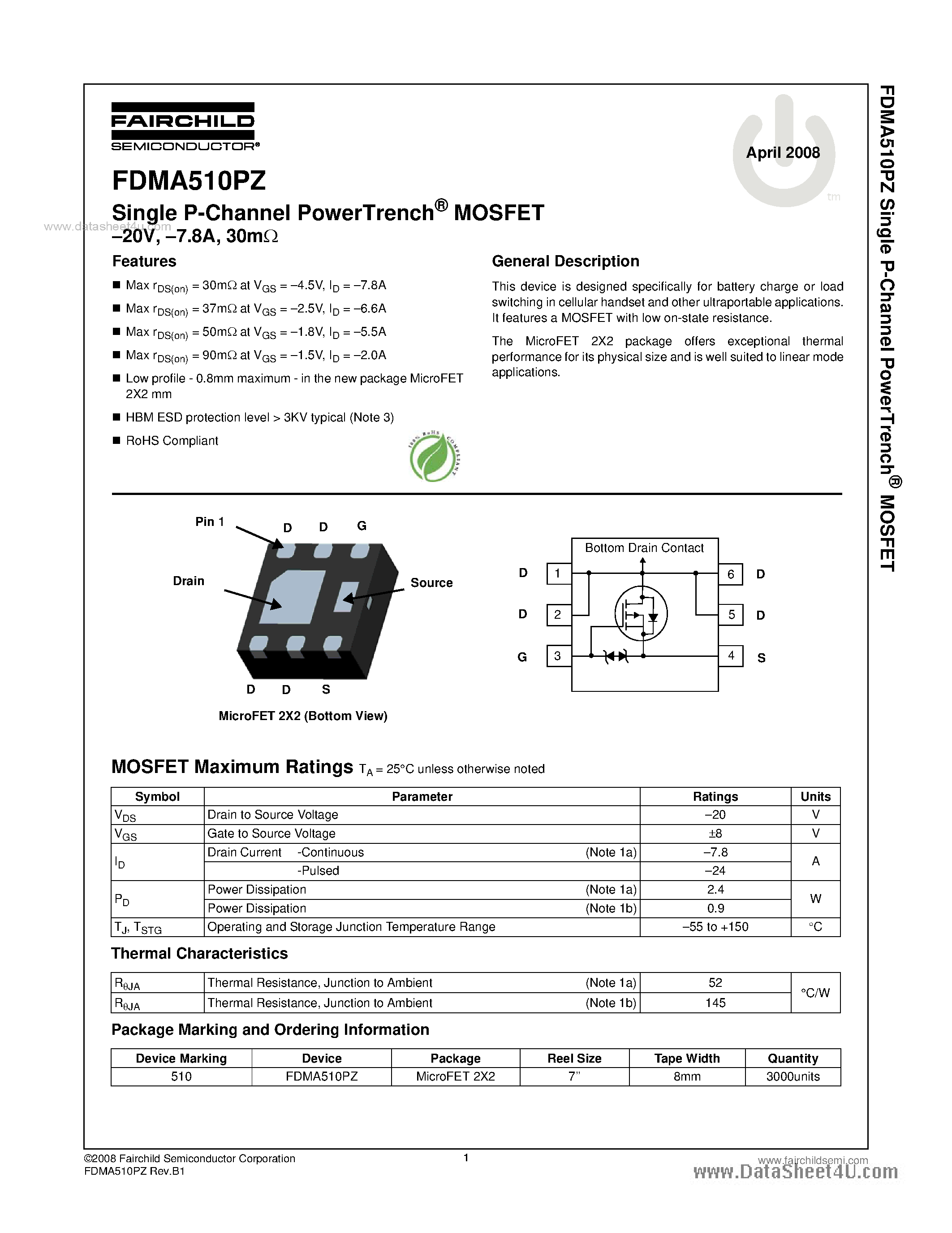 Datasheet FDMA510PZ - Single P-Channel PowerTrench MOSFET page 1
