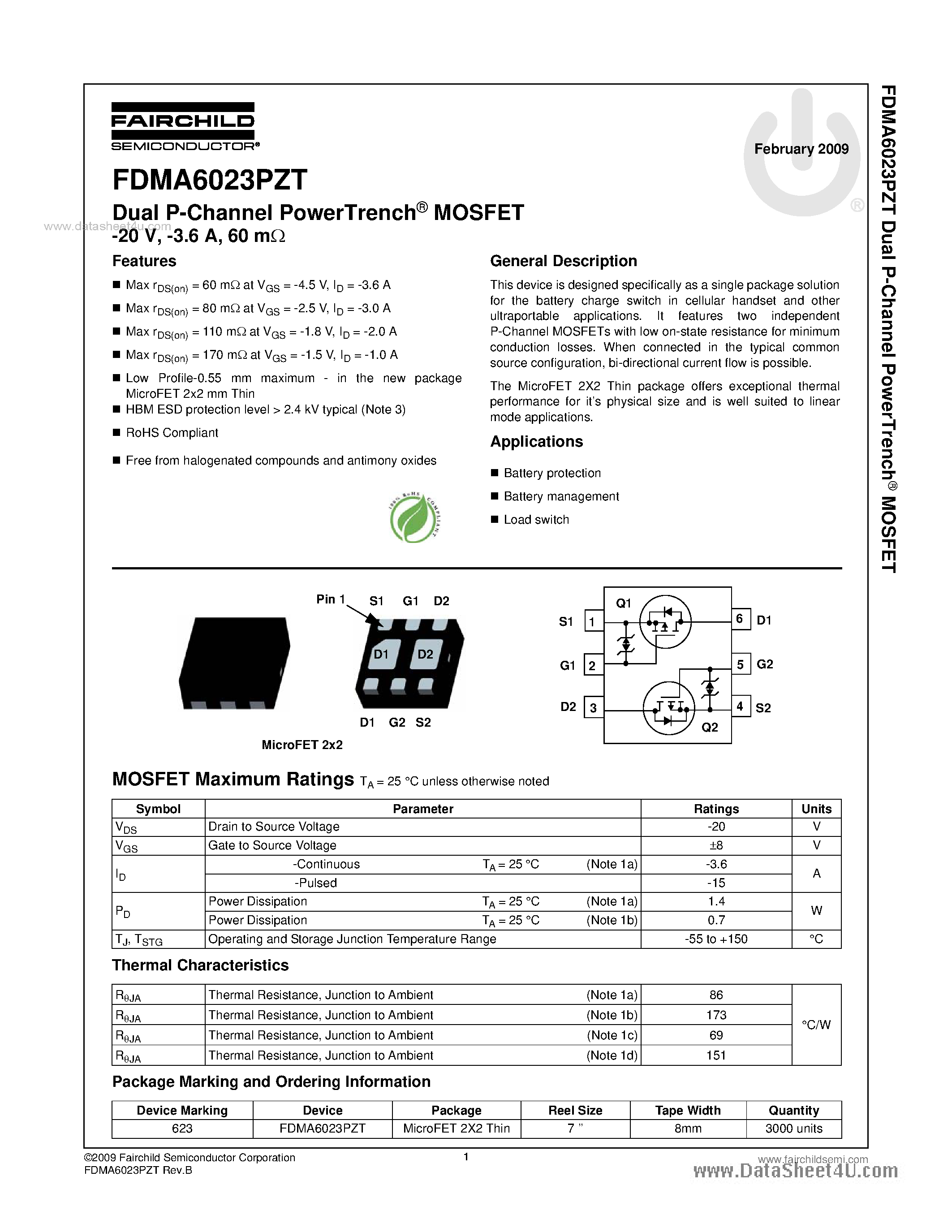 Datasheet FDMA6023PZT page 1 Datasheet FDMA6023PZT - Dual P-Channel PowerTrench MOSFET page 1
