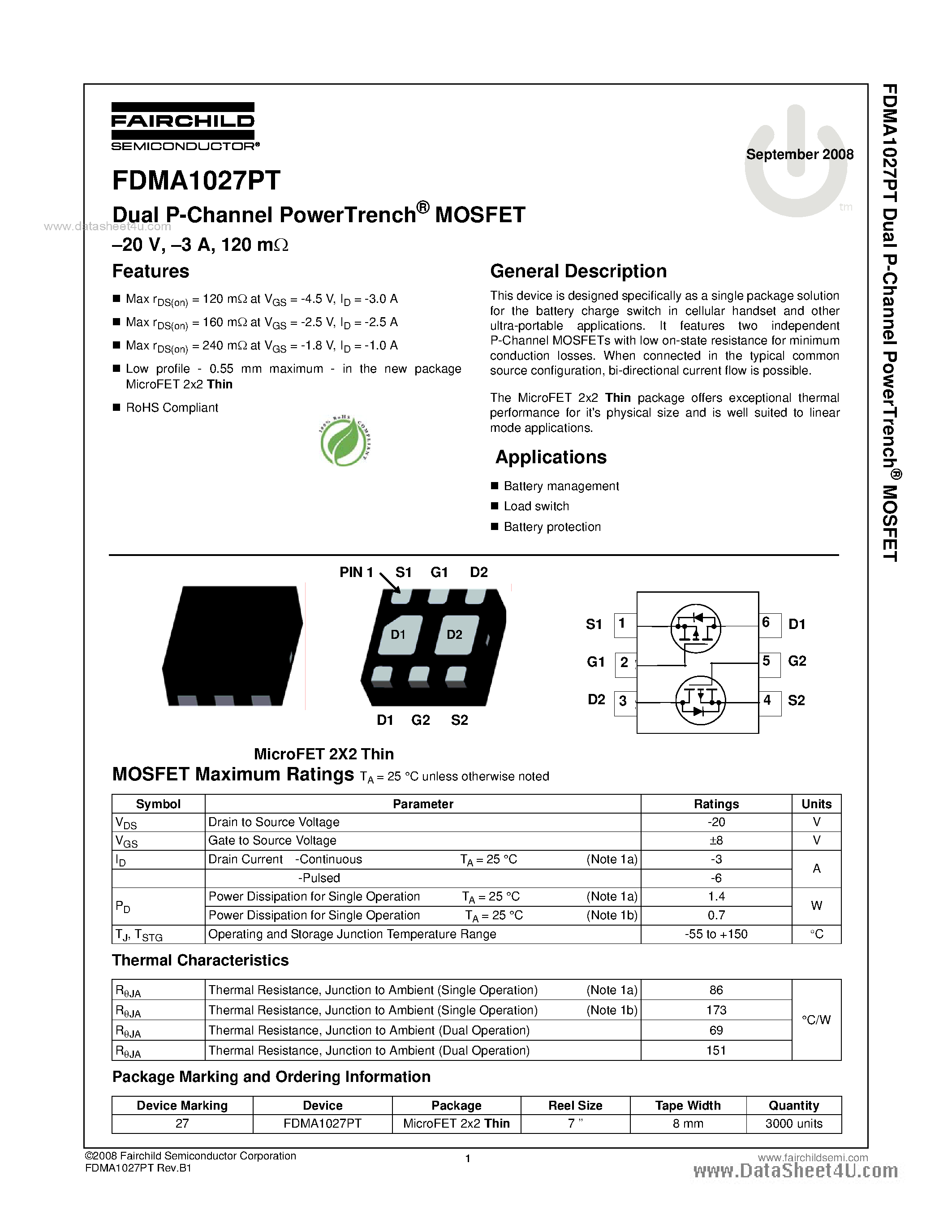 Datasheet FDMA1027PT - Dual P-Channel PowerTrench MOSFET page 1