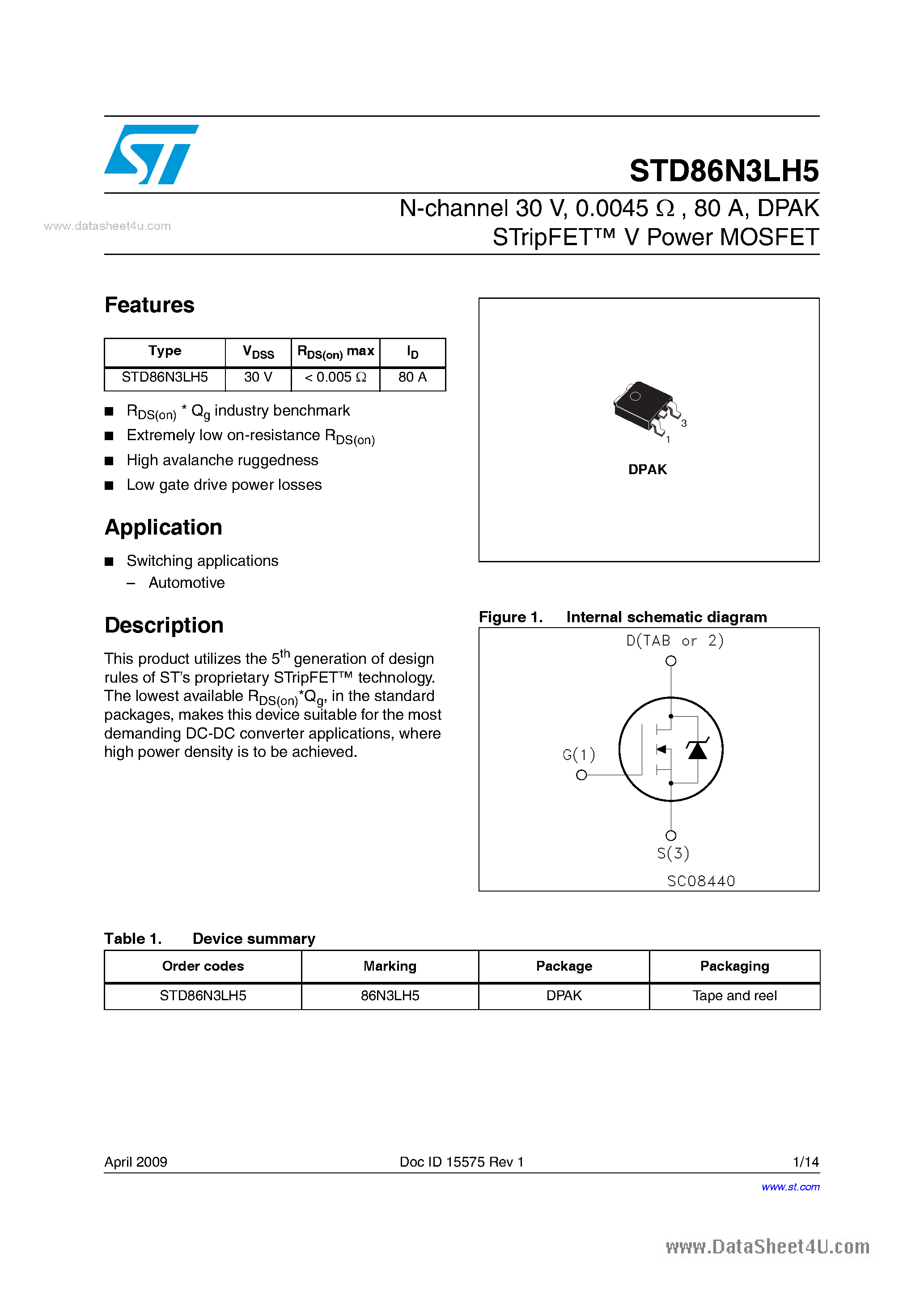 Datasheet STD86N3LH5 - Power MOSFETs page 1