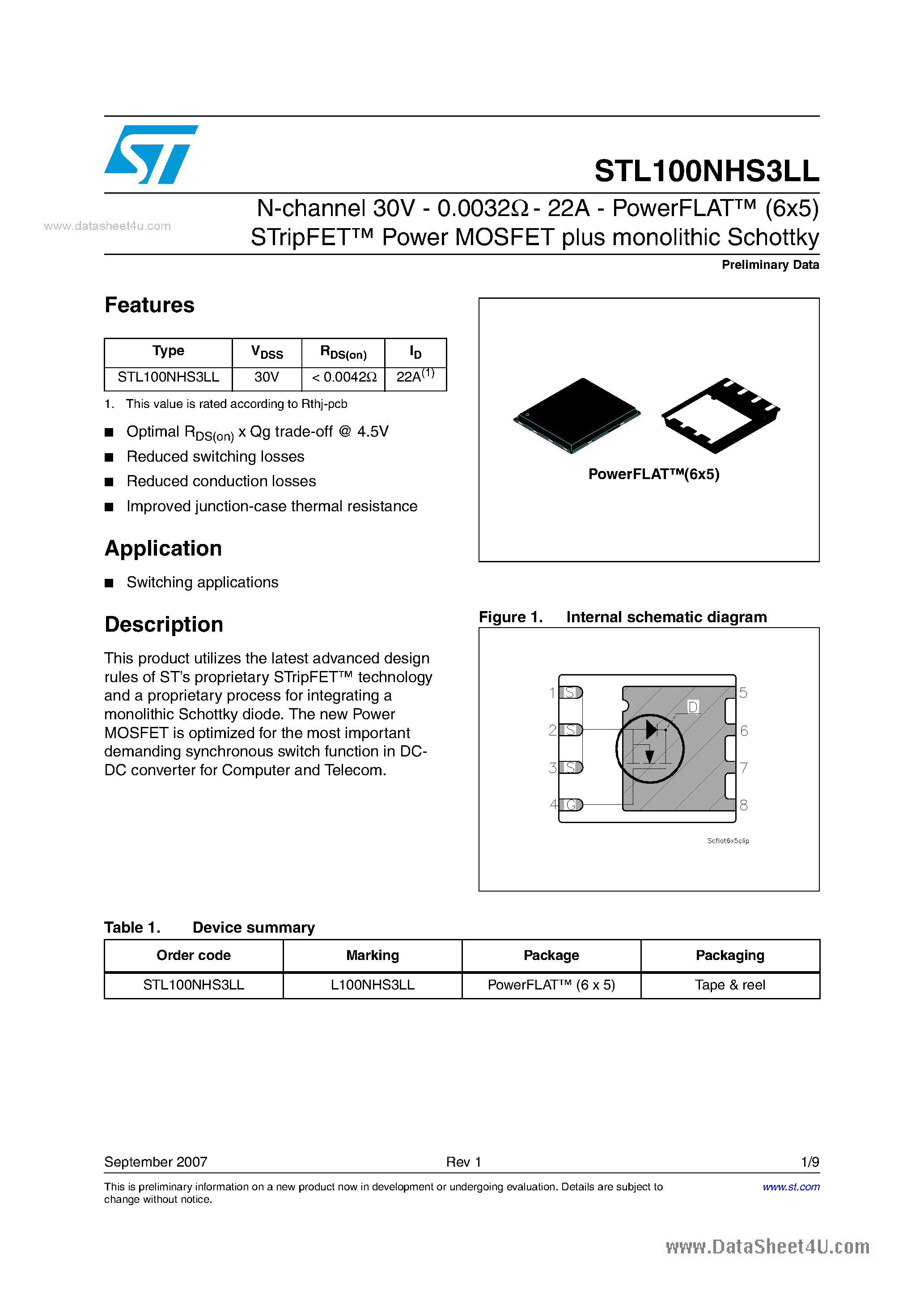 Datasheet STL100NHS3LL - N-channel Power MOSFET page 1