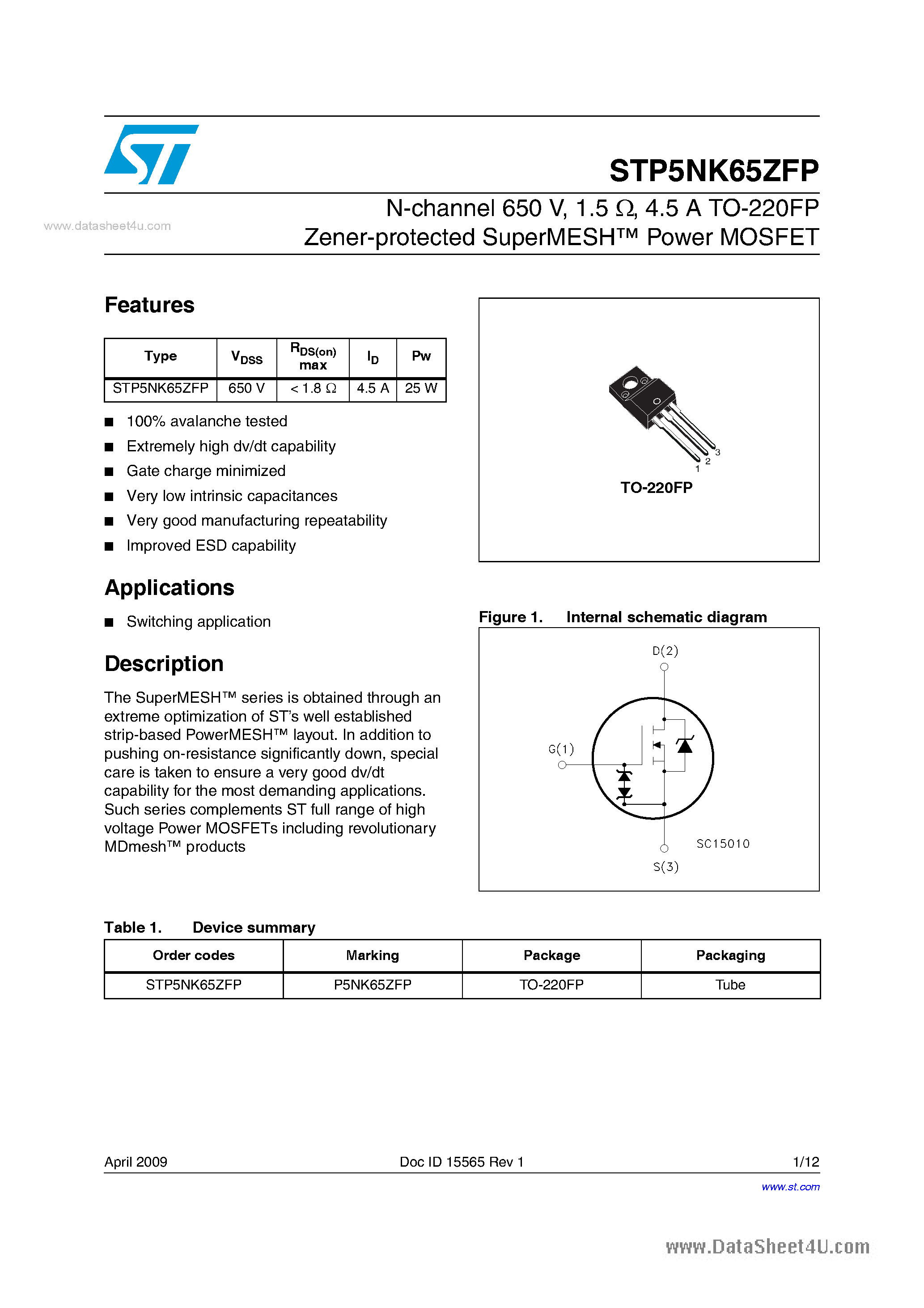 Datasheet STP5NK65ZFP - Power MOSFETs page 1