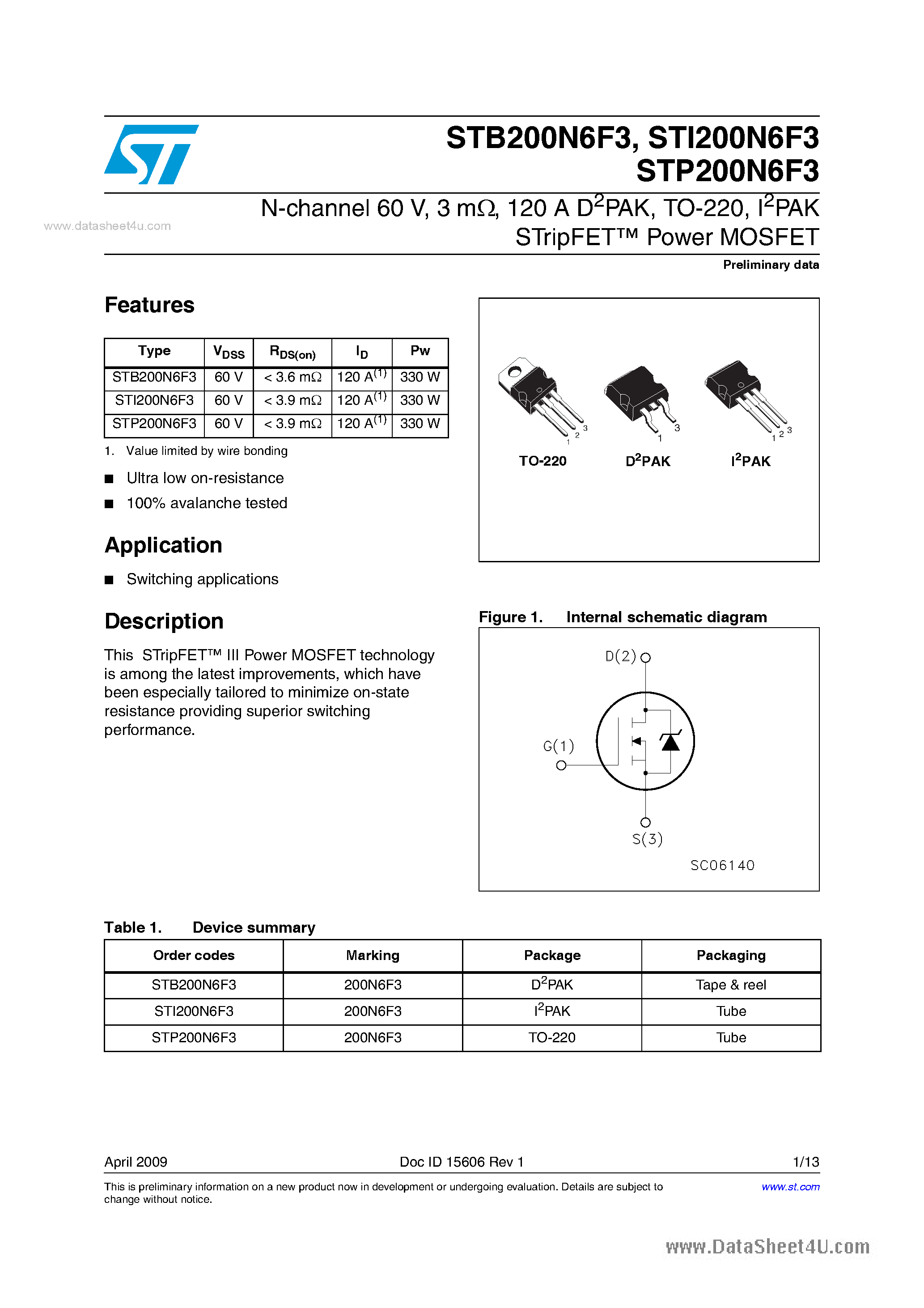 Datasheet STP200N6F3 - Power MOSFETs page 1