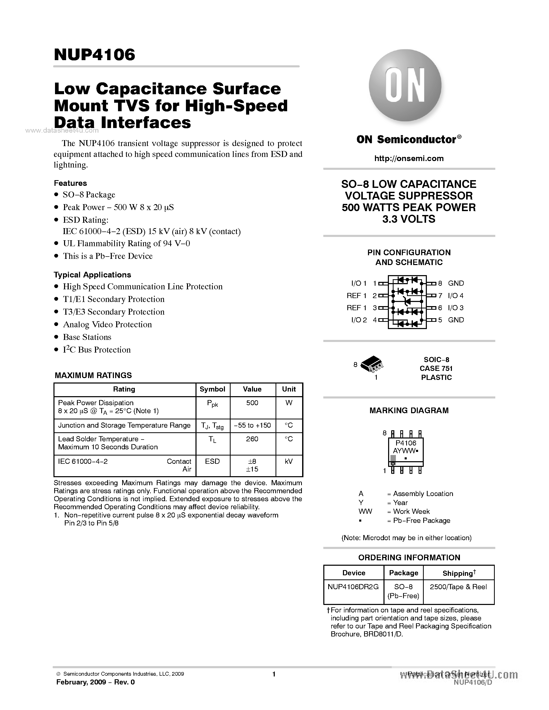 Datasheet NUP4106 - 4 Channel TVS Protection Array page 1