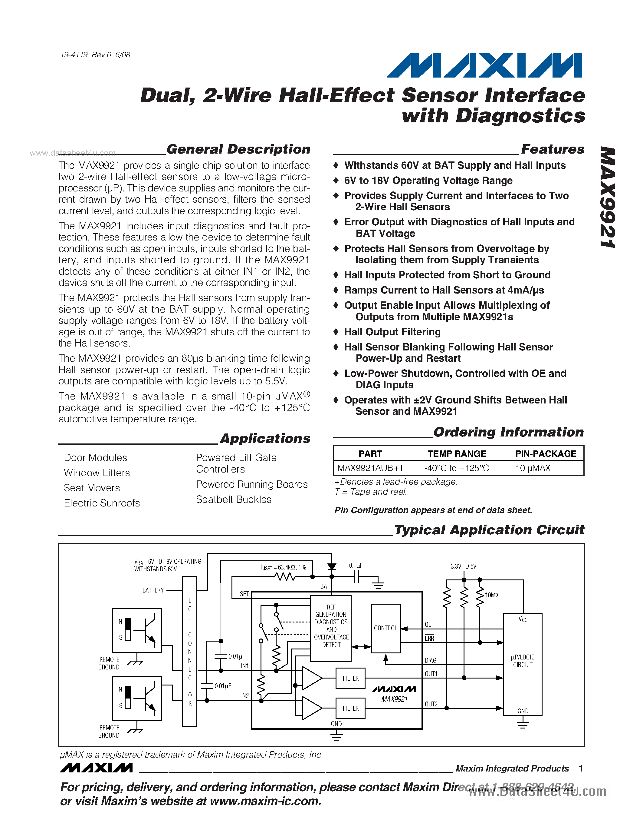 Datasheet MAX9921 - 2-Wire Hall-Effect Sensor Interface page 1