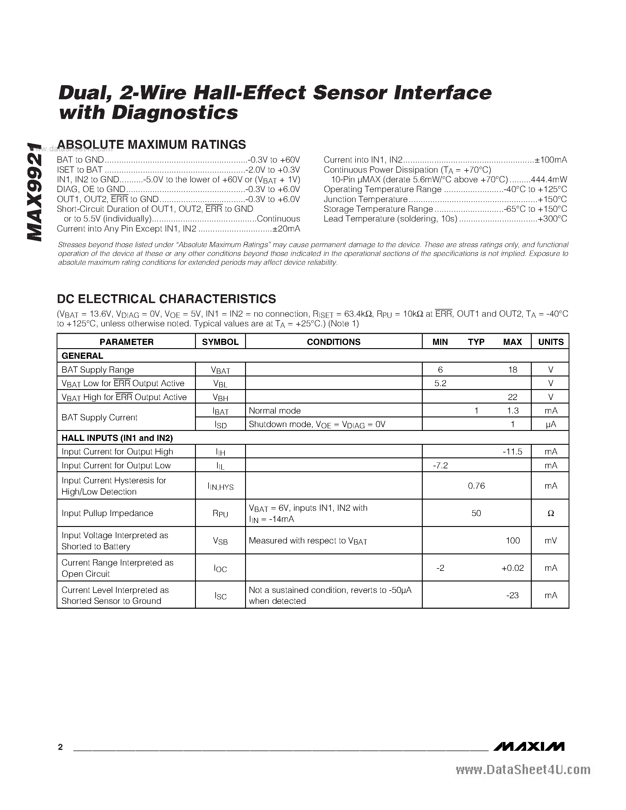 Datasheet MAX9921 - 2-Wire Hall-Effect Sensor Interface page 2