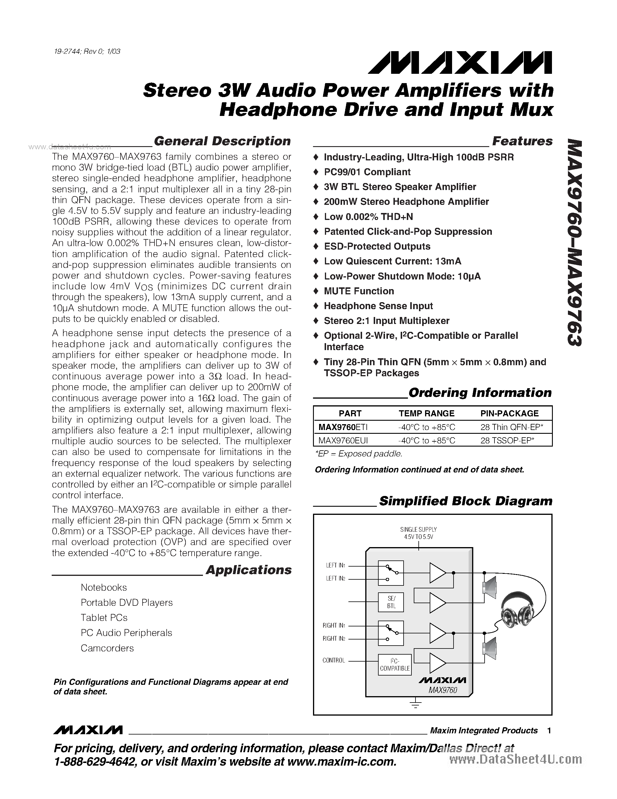 Даташит MAX9760 - (MAX9760 - MAX9763) Stereo 3W Audio Power Amplifiers страница 1