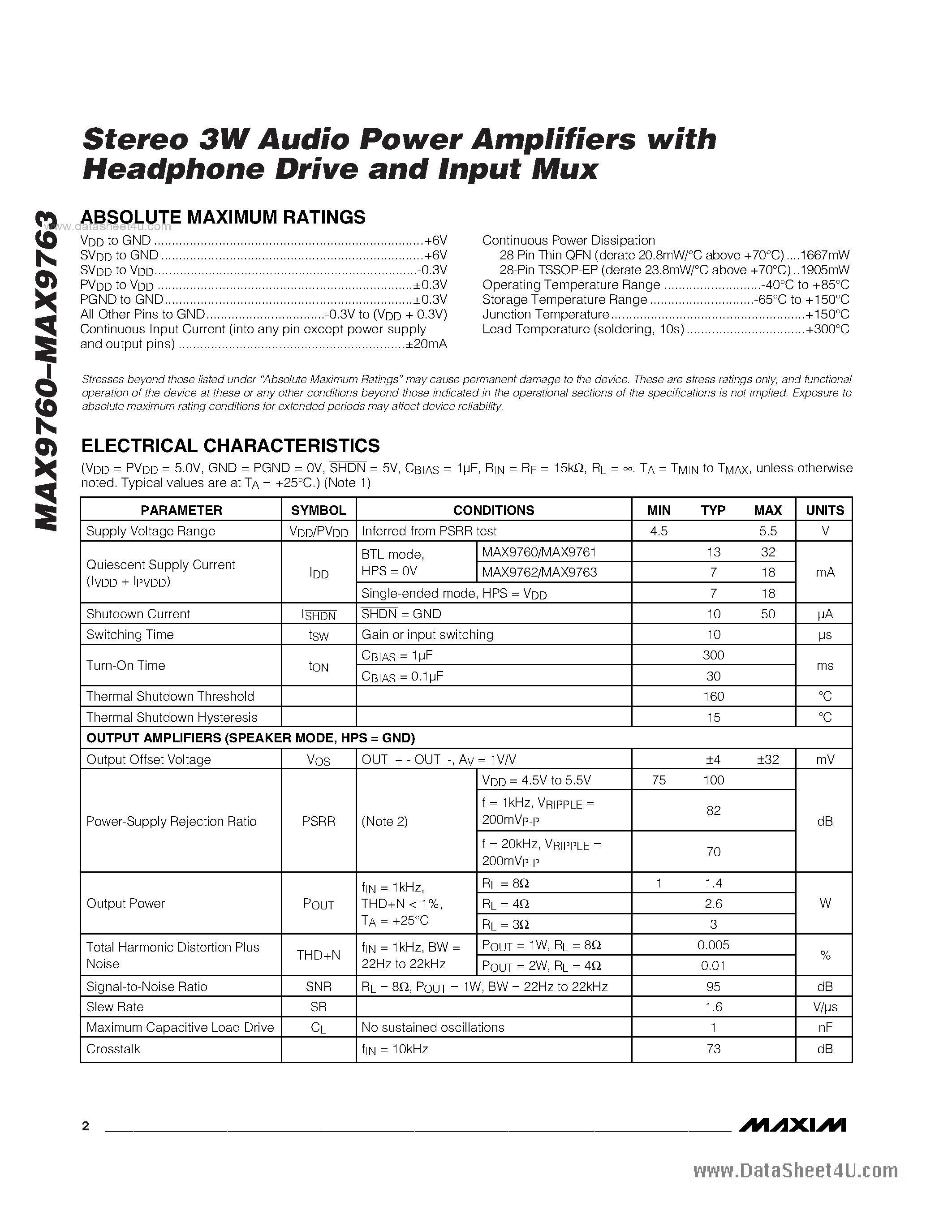 Даташит MAX9760 - (MAX9760 - MAX9763) Stereo 3W Audio Power Amplifiers страница 2