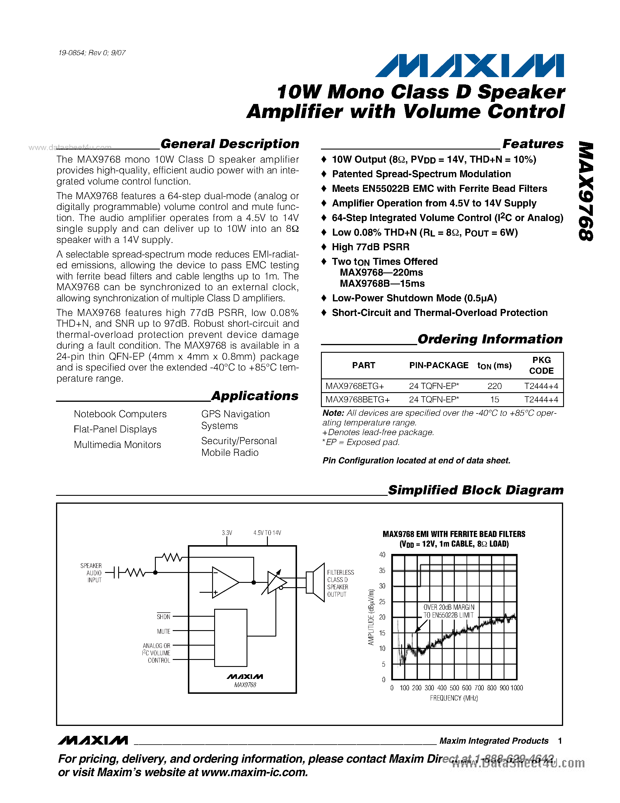 Даташит на микросхему MAX9768 страница 1 Даташит MAX9768 - 10W Mono Class D Speaker Amplifier страница 1
