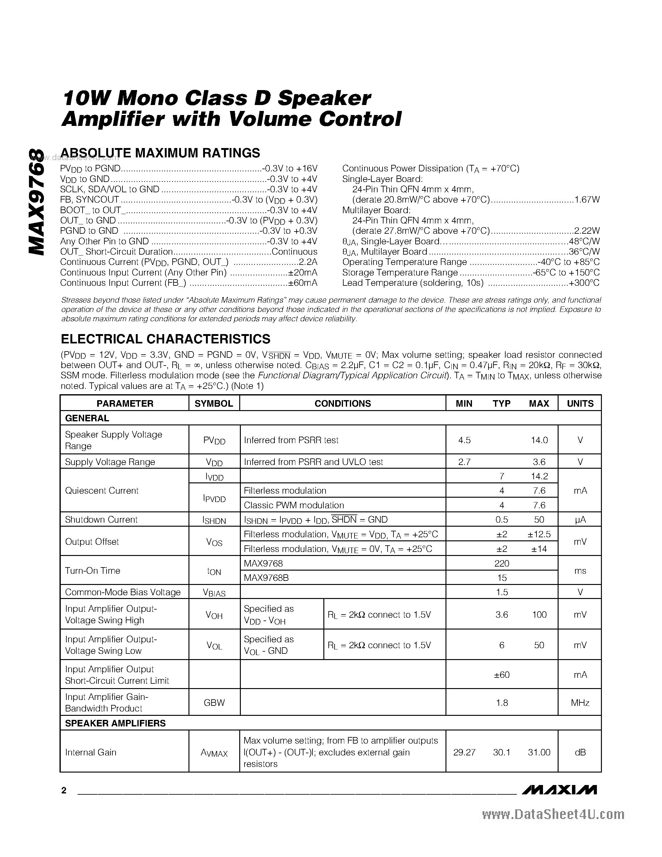 Даташит на микросхему MAX9768 страница 2 Даташит MAX9768 - 10W Mono Class D Speaker Amplifier страница 2