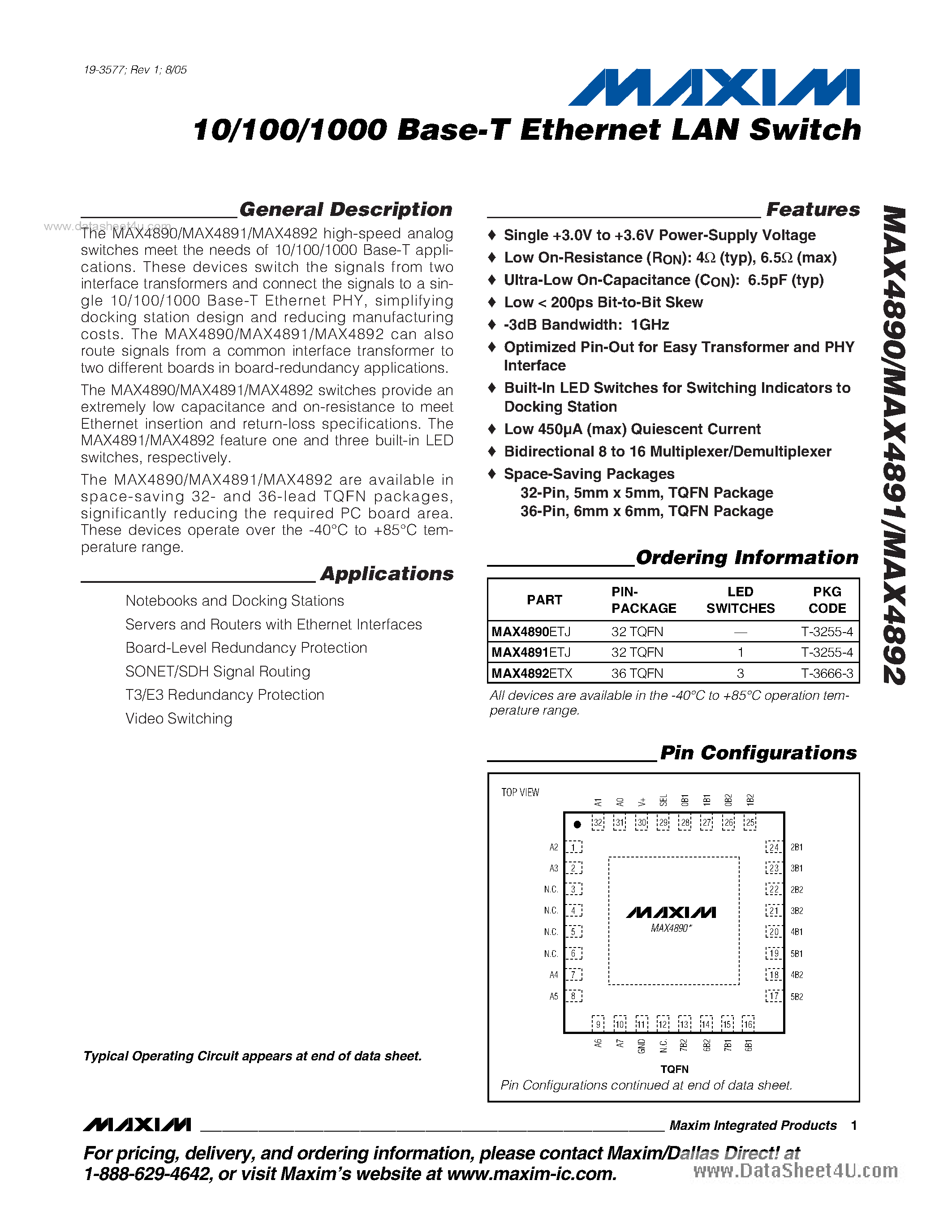 Даташит на микросхему MAX4890 страница 1 Даташит MAX4890 - (MAX4890 - MAX48920 10/100/1000 Base-T Ethernet LAN Switch страница 1