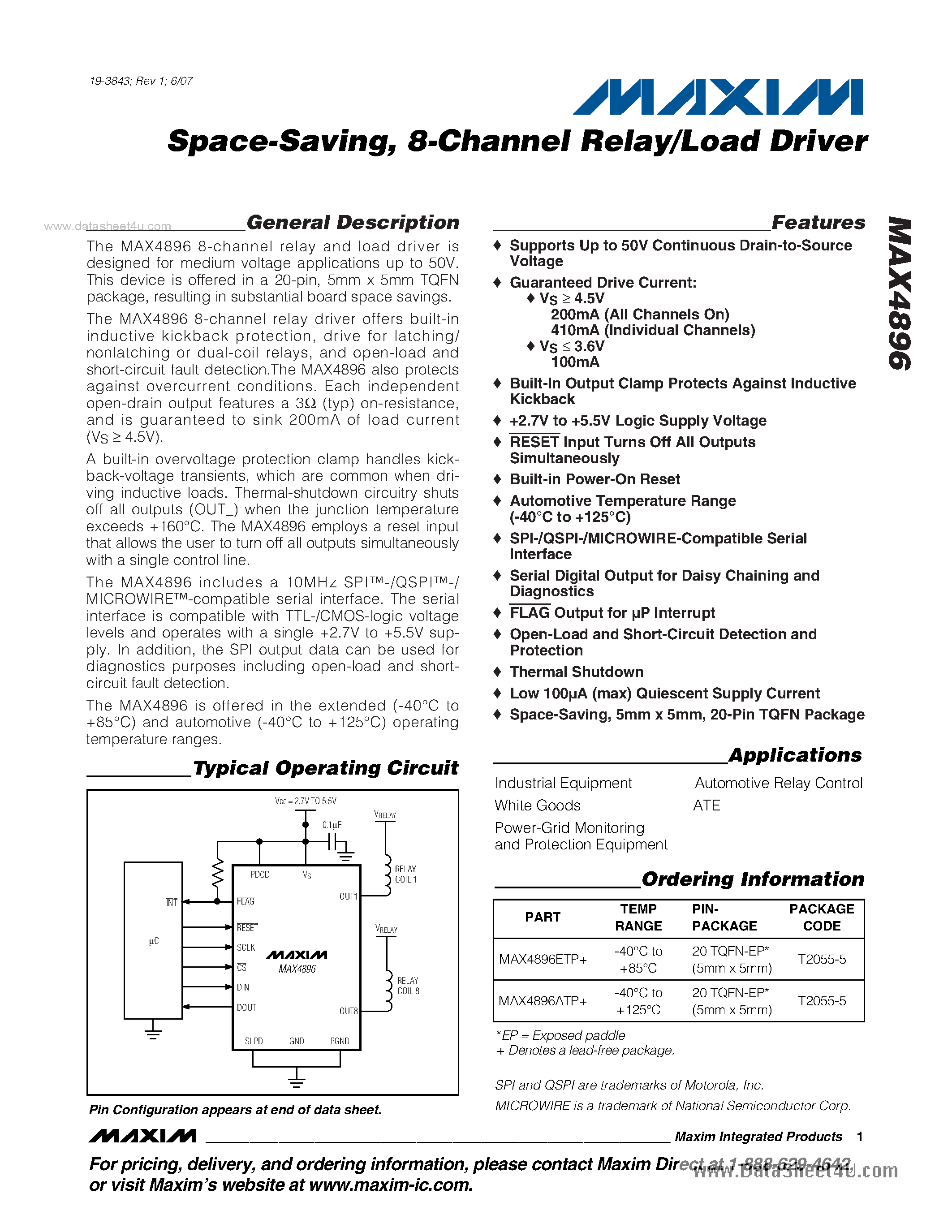 Даташит MAX4896 - 8-Channel Relay/Load Driver страница 1
