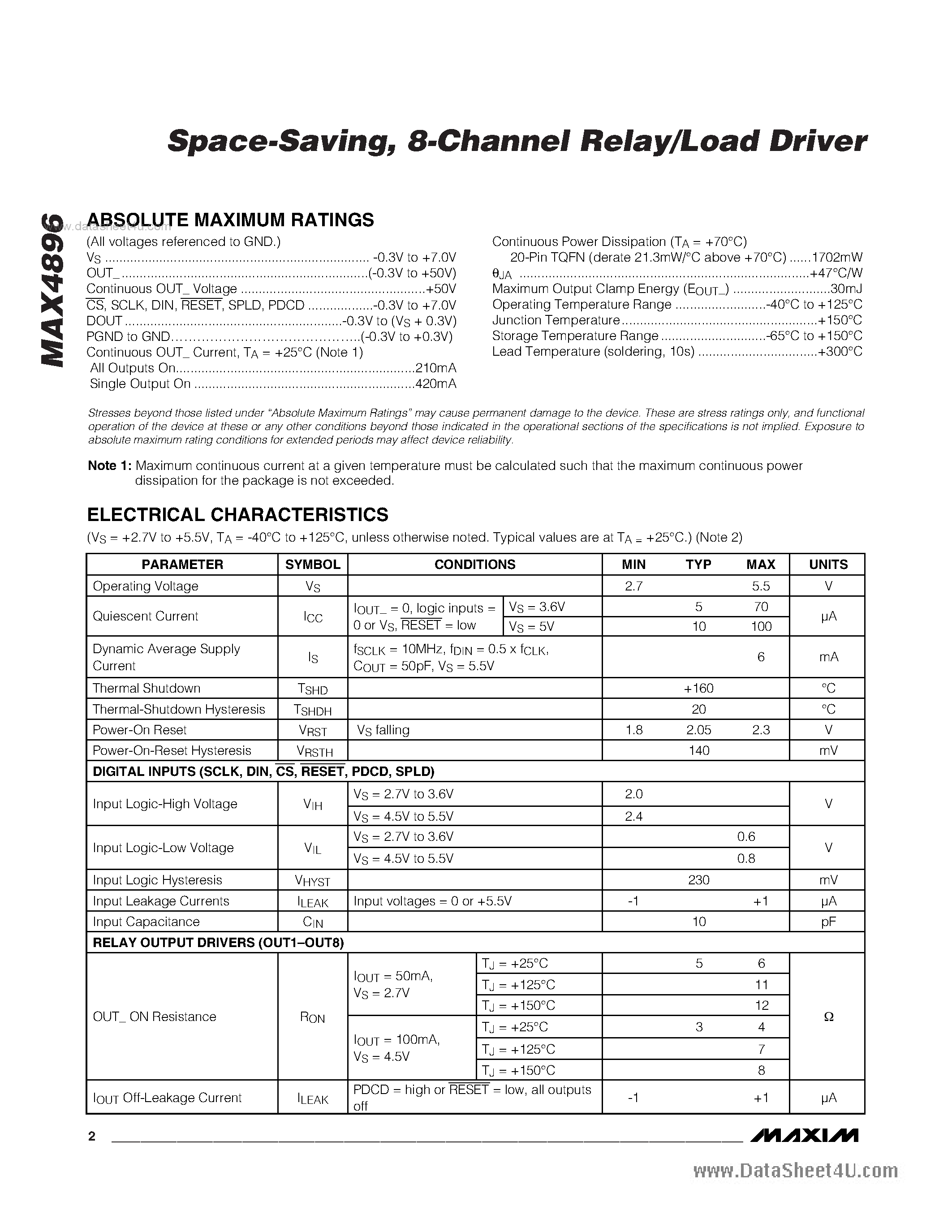 Даташит MAX4896 - 8-Channel Relay/Load Driver страница 2