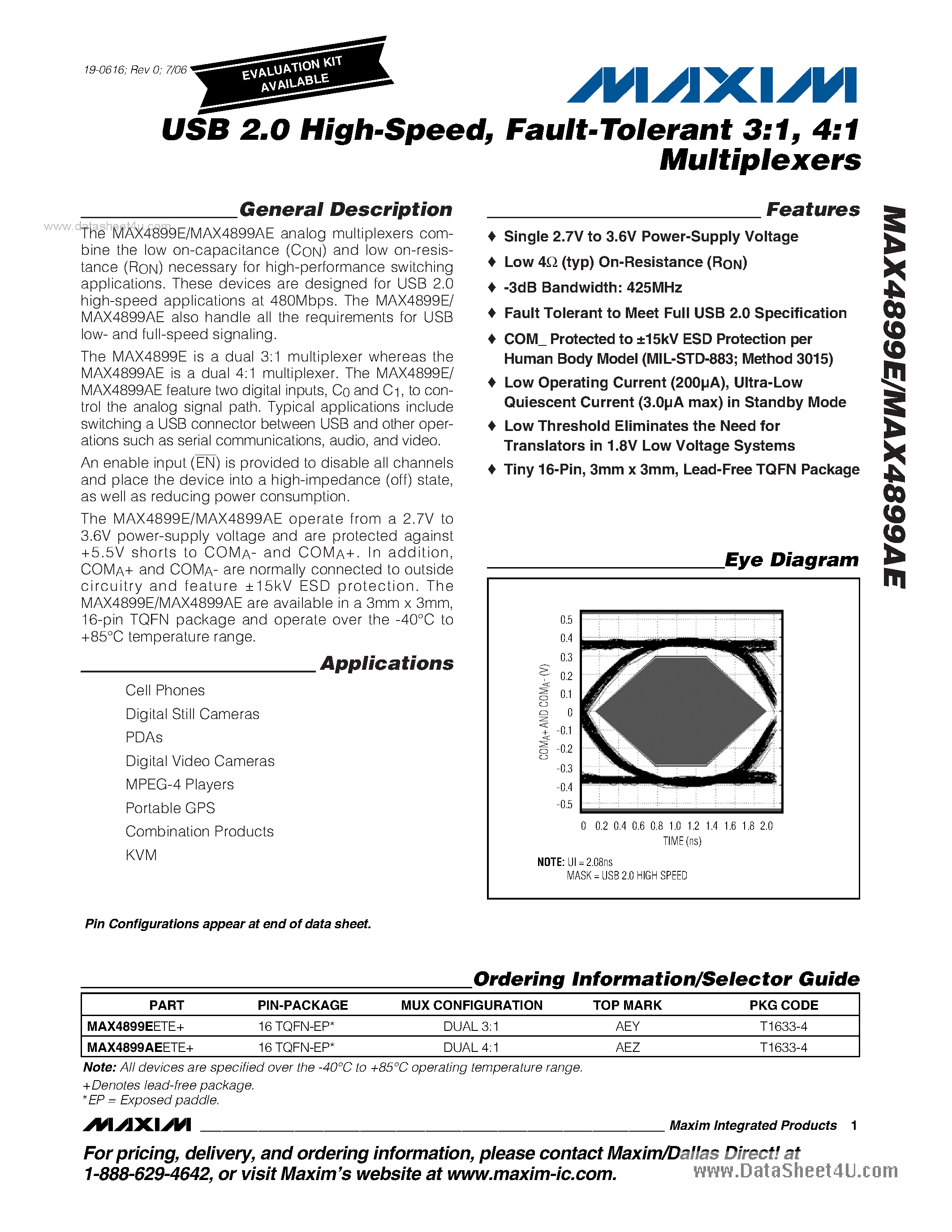 Datasheet MAX4899AE - USB 2.0 High-Speed Fault-Tolerant 3:1 / 4:1 Multiplexers page 1
