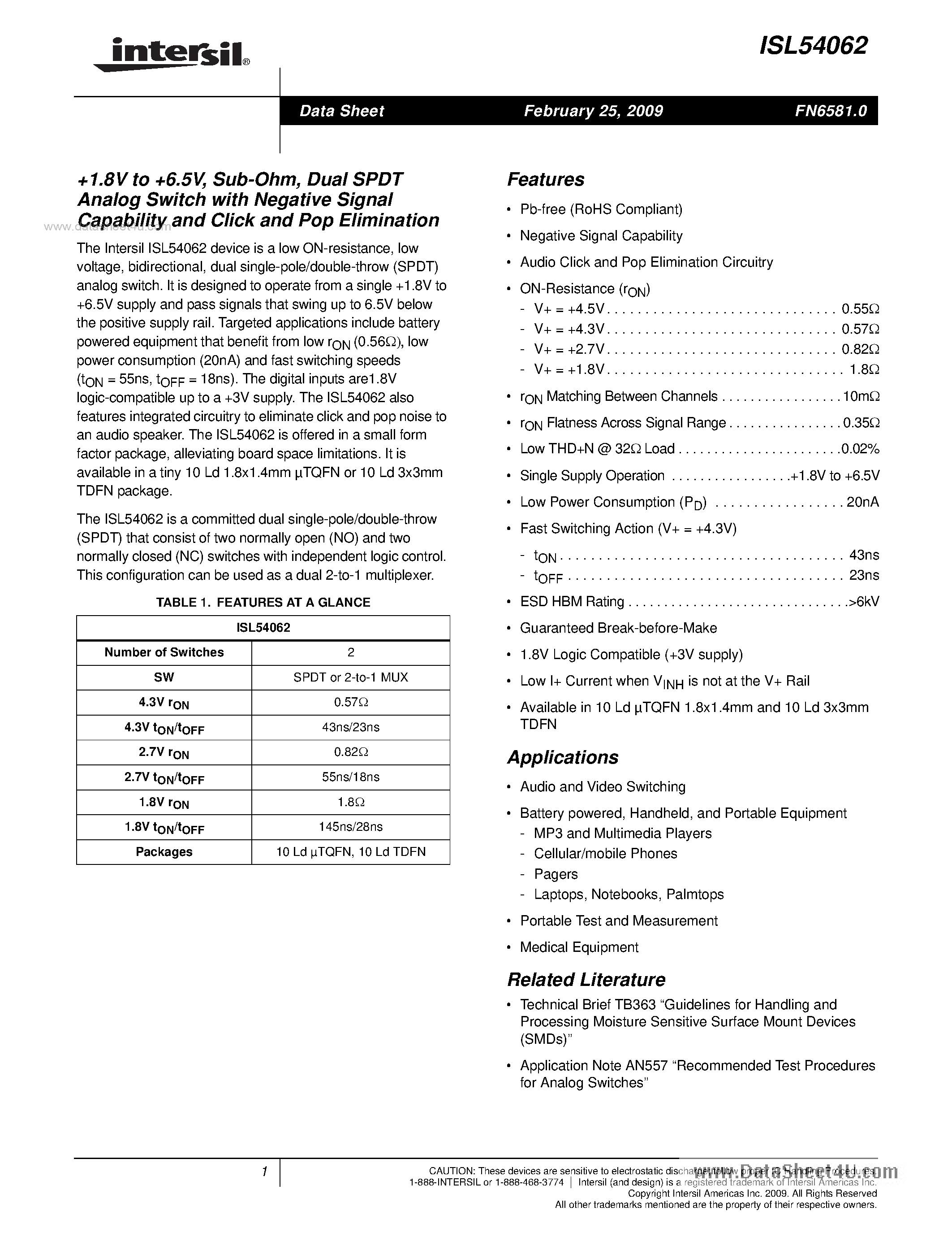 Datasheet ISL54062 page 1 Datasheet ISL54062 - Dual SPDT Analog Switch page 1