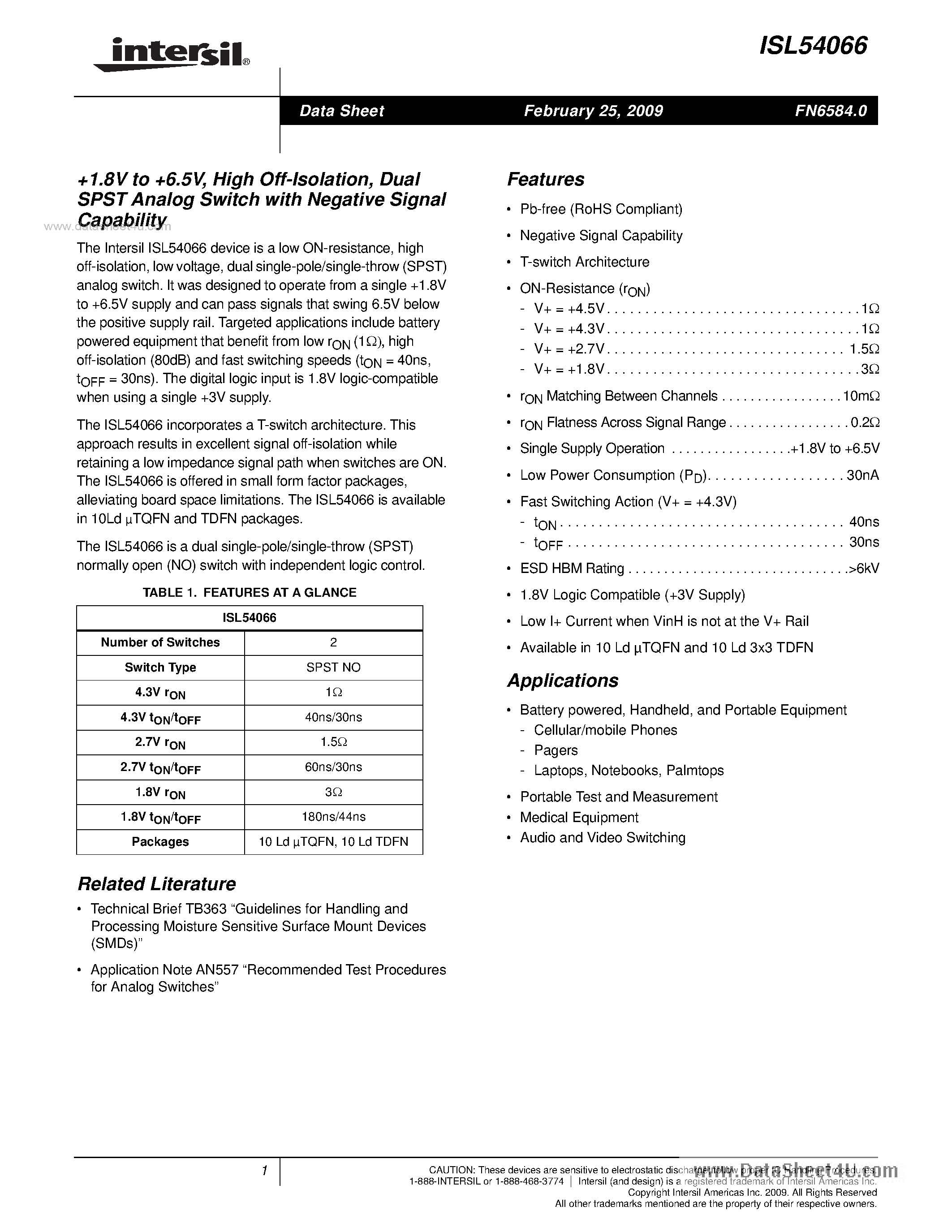 Datasheet ISL54066 page 1 Datasheet ISL54066 - Dual SPST Analog Switch page 1