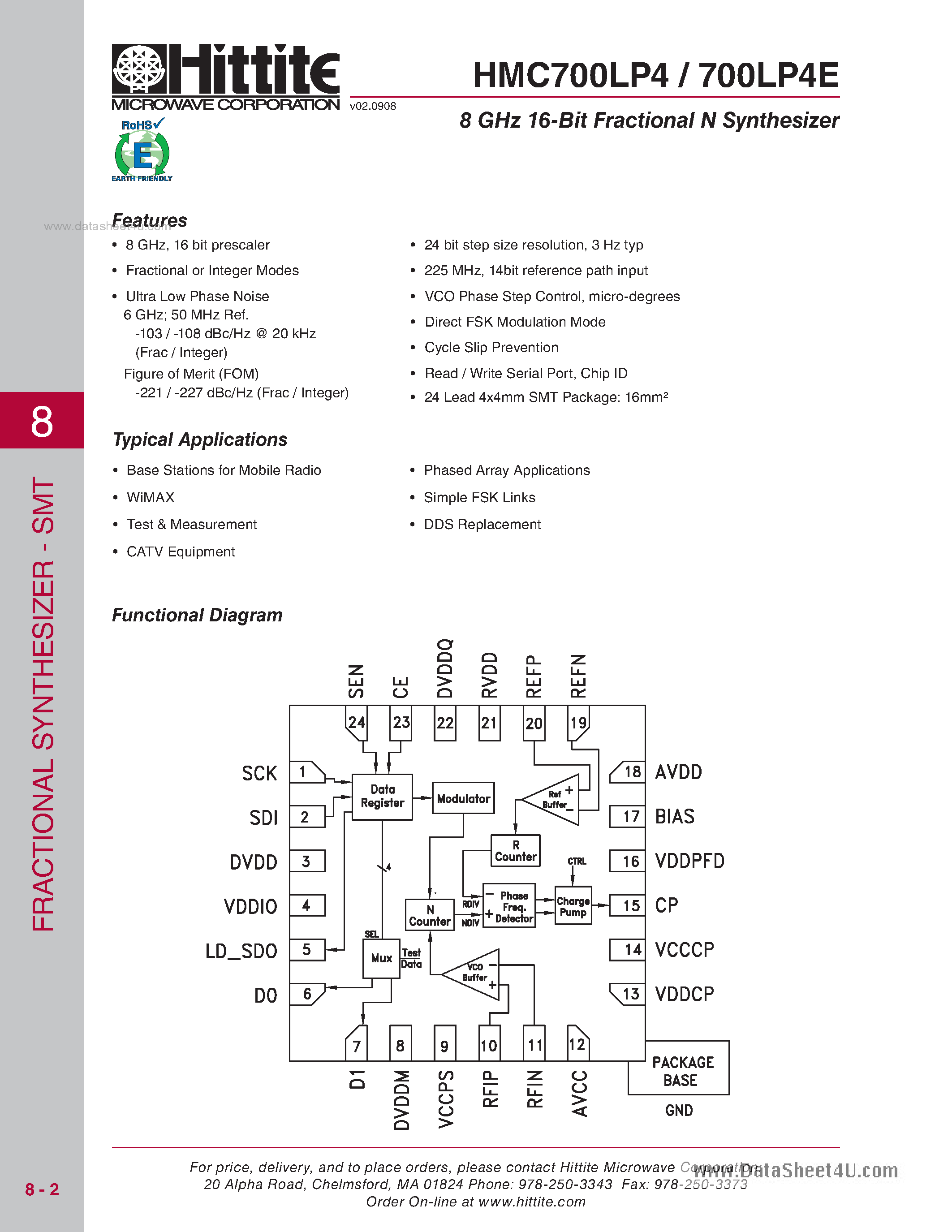 Datasheet HMC700LP4 page 1 Datasheet HMC700LP4 - 8 GHz 16-Bit Fractional-N Synthesizer SMT page 1