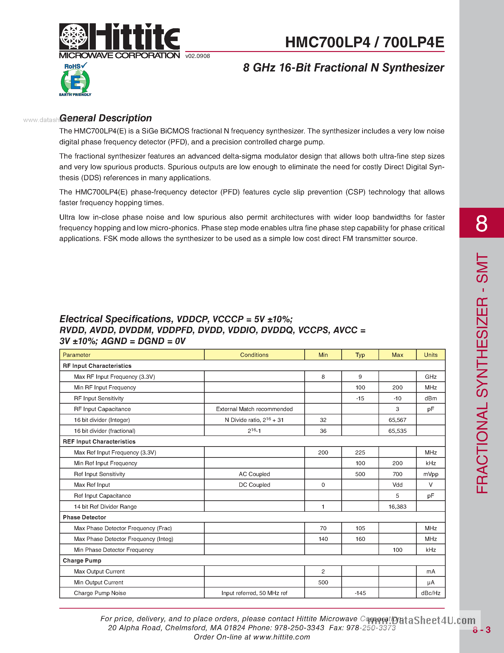 Datasheet HMC700LP4 page 2 Datasheet HMC700LP4 - 8 GHz 16-Bit Fractional-N Synthesizer SMT page 2