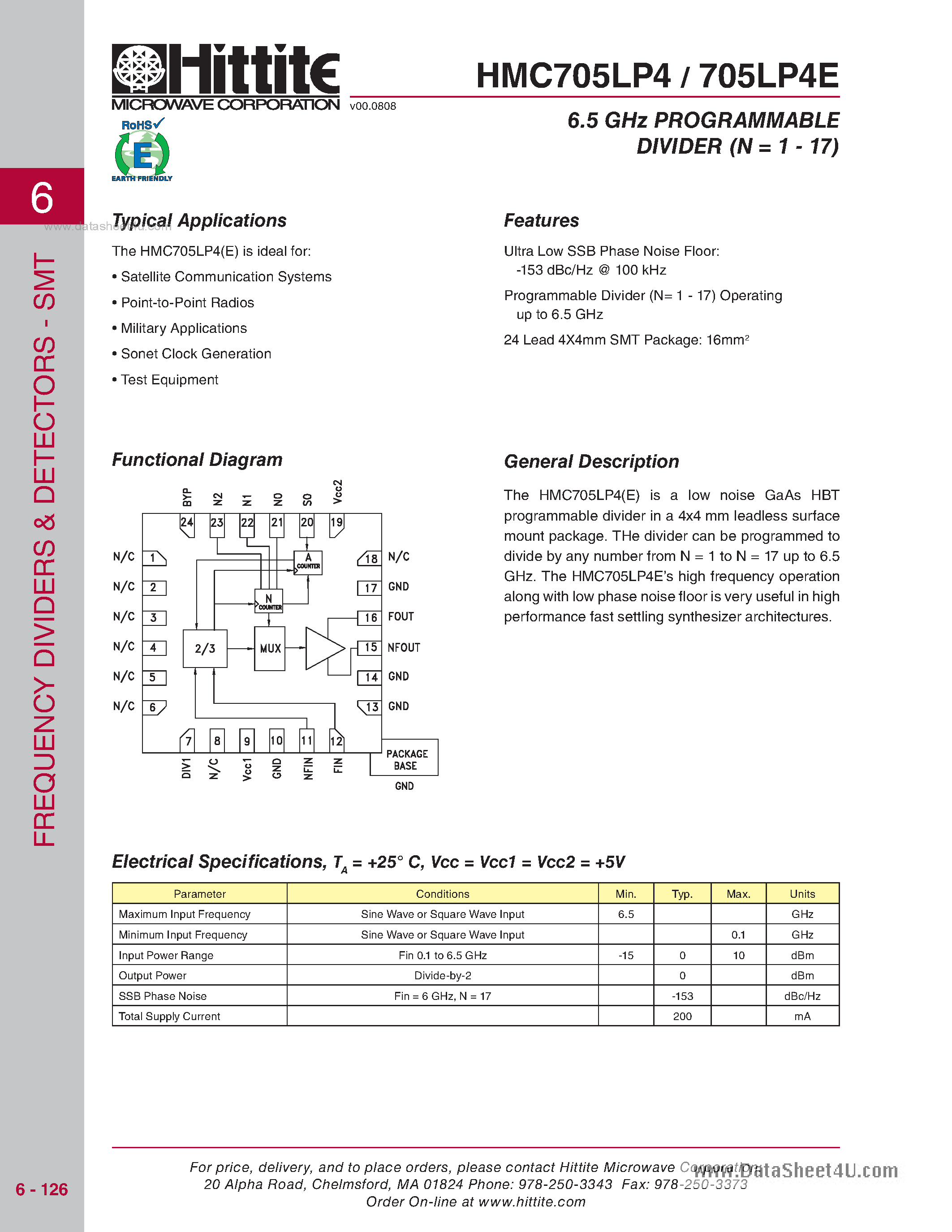 Datasheet HMC705LP4 - 6.5 GHz Programmable Divider SMT page 1