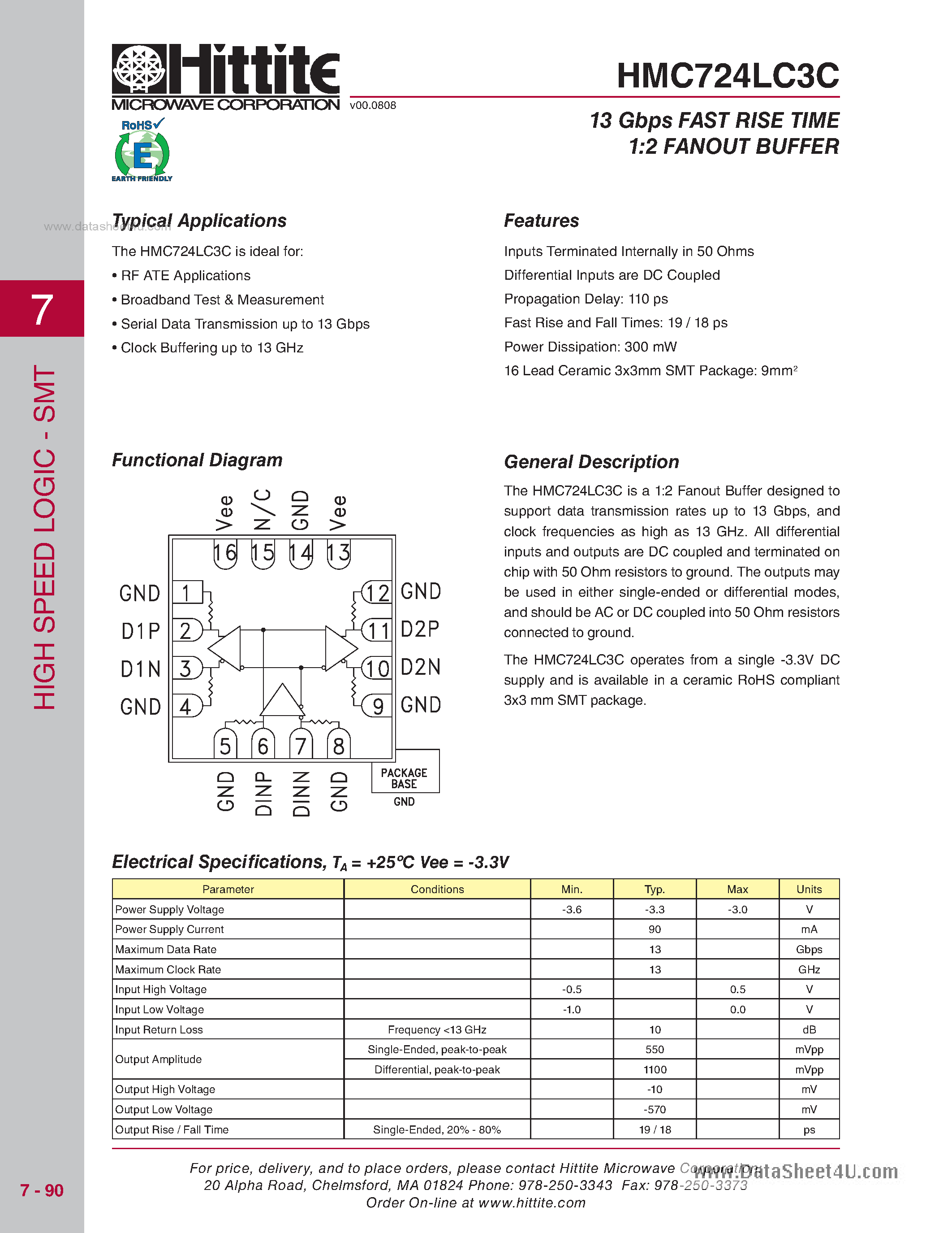 Datasheet HMC724LC3C - 13 Gbps Fast Rise Time 1:2 Fanout Buffer page 1