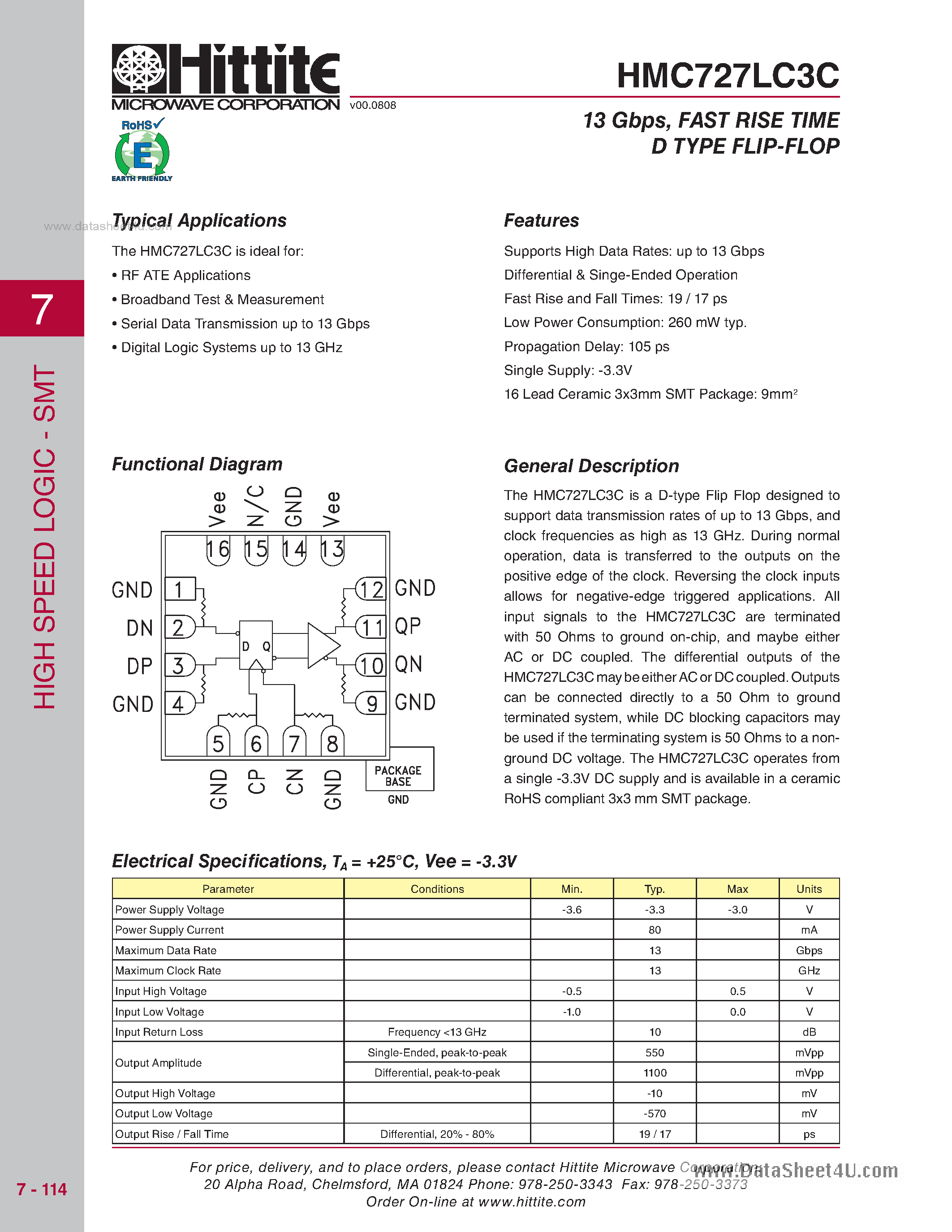 Даташит HMC727LC3C - 13 Gbps Fast Rise Time D-Type Flip-Flop страница 1