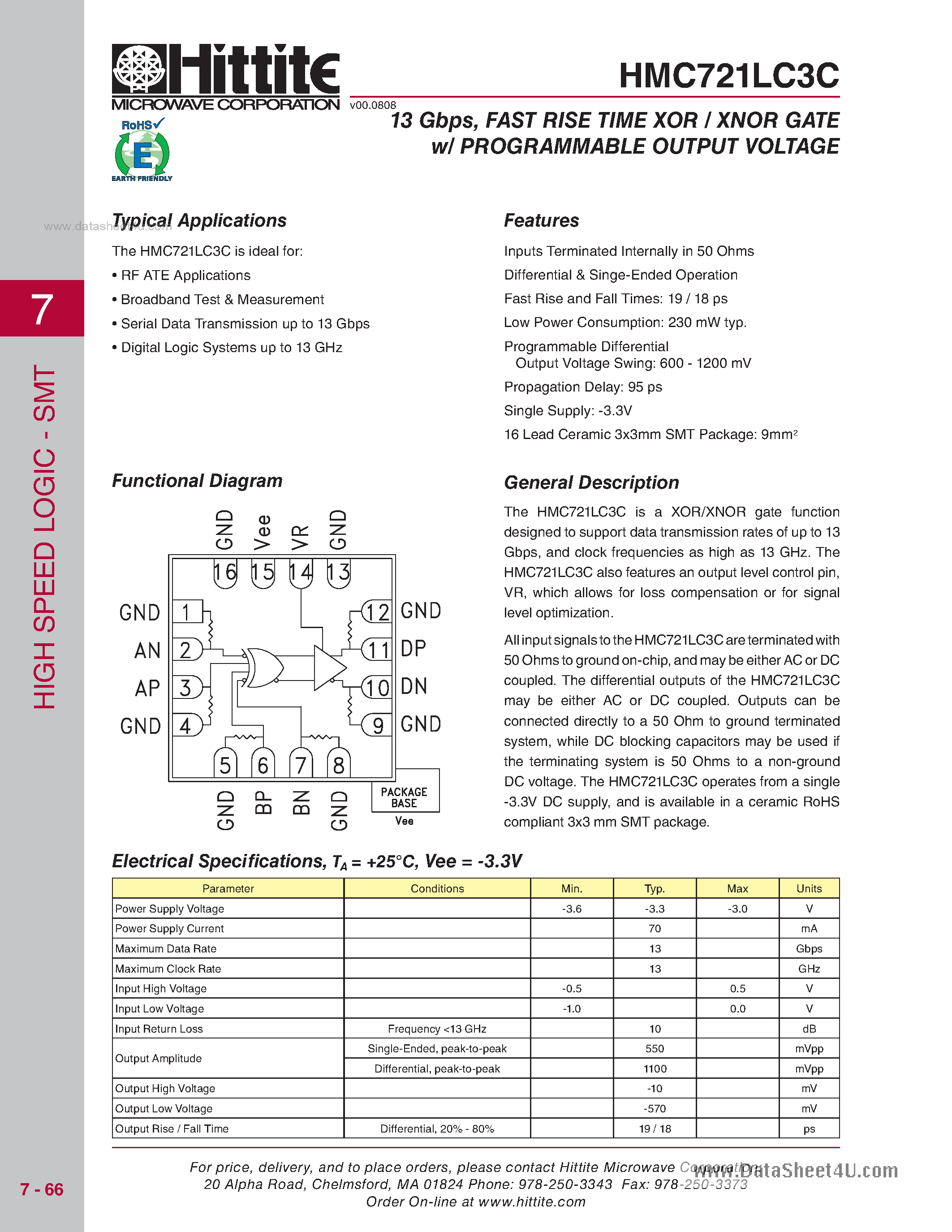 Datasheet HMC721LC3C page 1 Datasheet HMC721LC3C - 13 Gbps Fast Rise Time XOR / XNOR Gate W/Programmable Output Voltage page 1