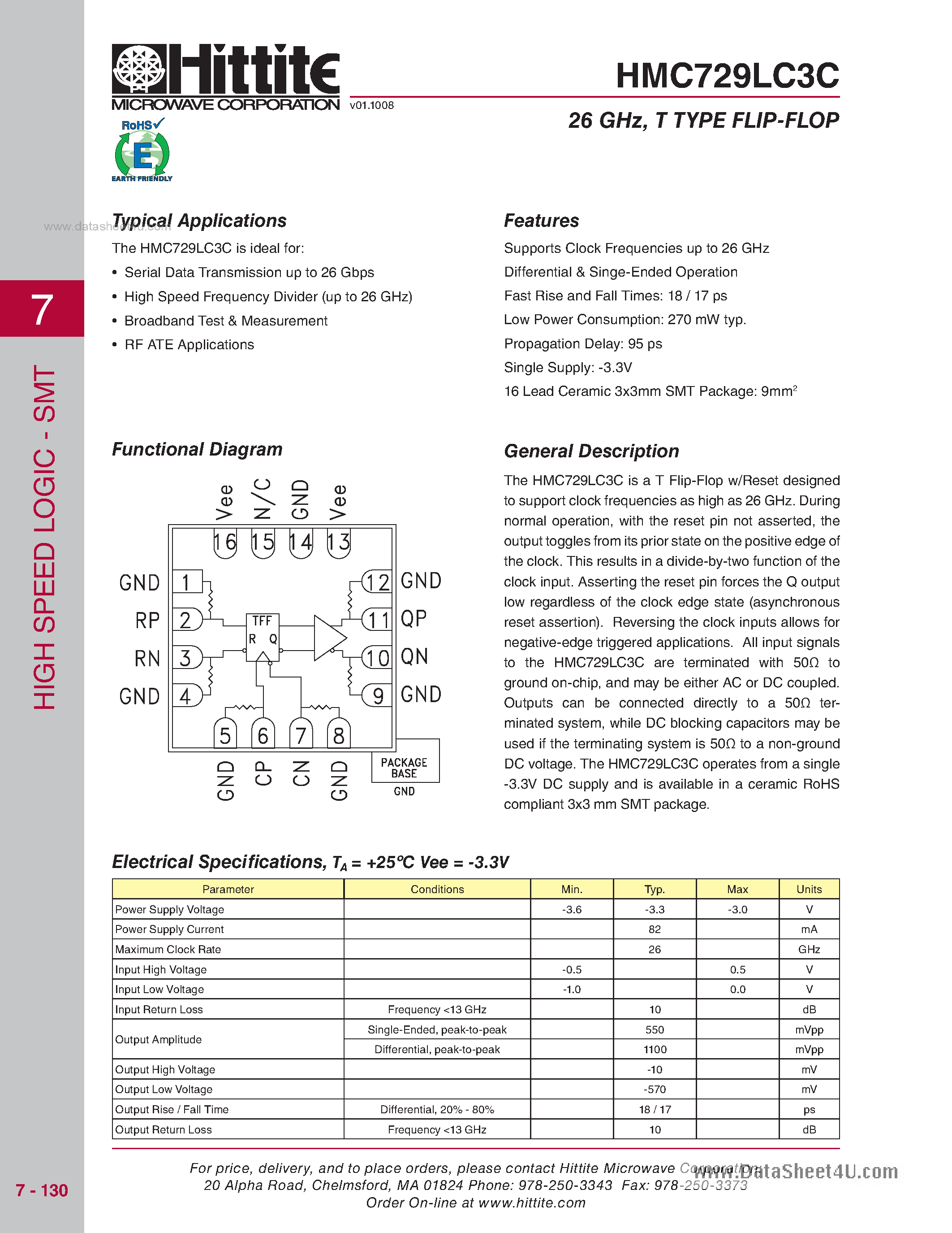 Даташит HMC729LC3C - T Flip-Flop W/Reset страница 1