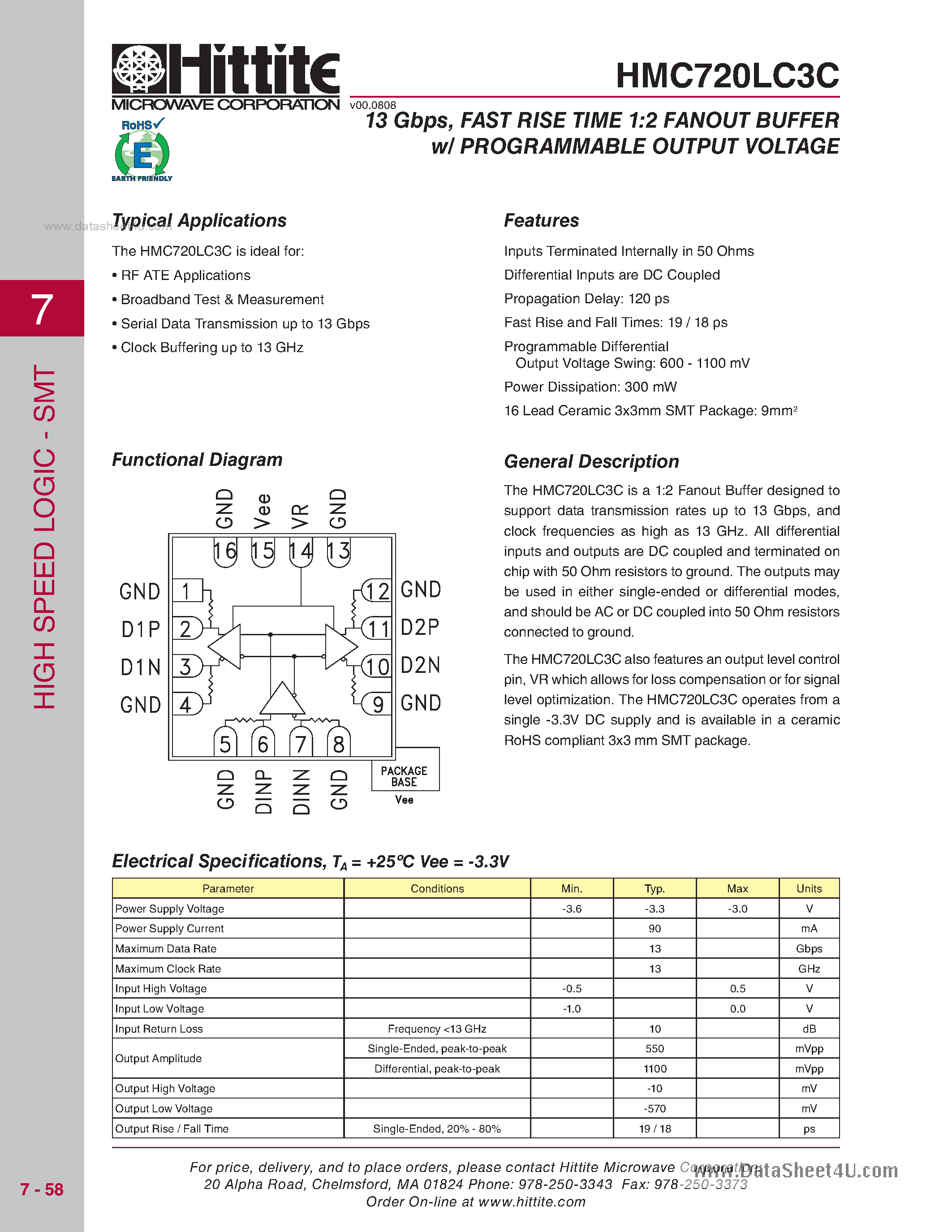 Datasheet HMC720LC3C - 13 Gbps Fast Rise Time 1:2 Fanout Buffer W/ Programmable Output Voltage page 1