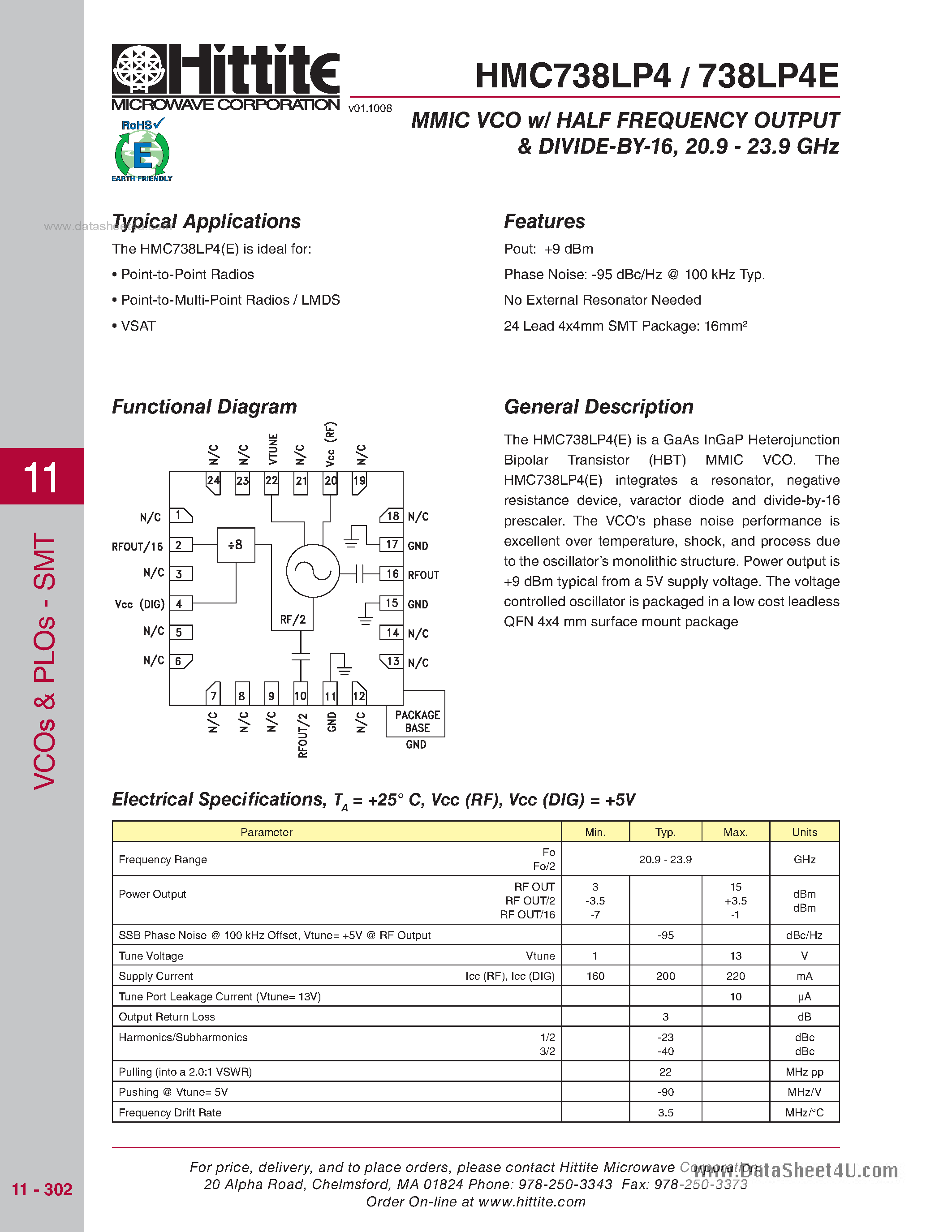 Datasheet HMC738LP4 page 1 Datasheet HMC738LP4 - MMIC VCO W/ Half Frequency page 1