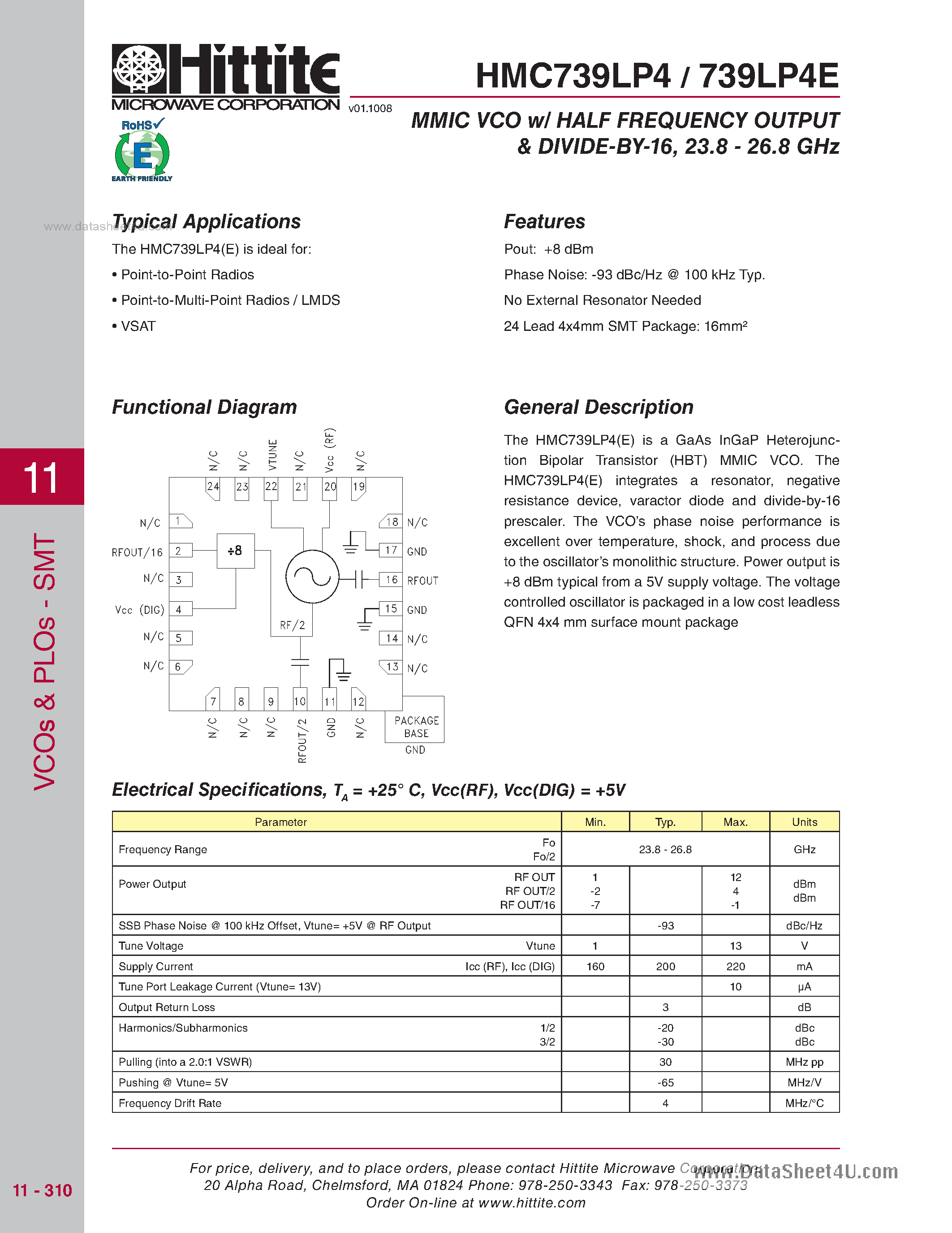 Datasheet HMC739LP4 - MIC VCO W/ Half Frequency page 1