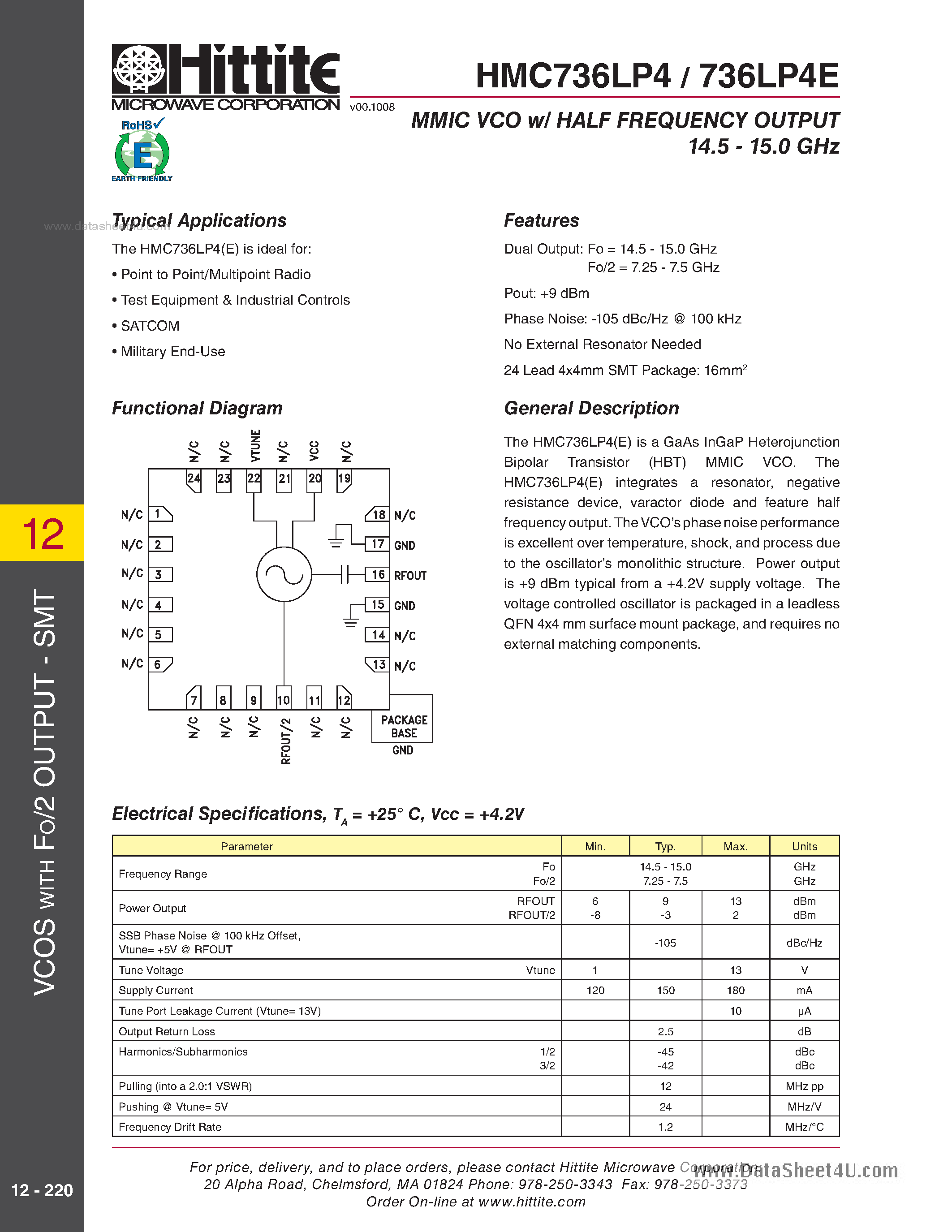 Datasheet HMC736LP4 page 1 Datasheet HMC736LP4 - MMIC VCO W/ Half Frequency Output page 1