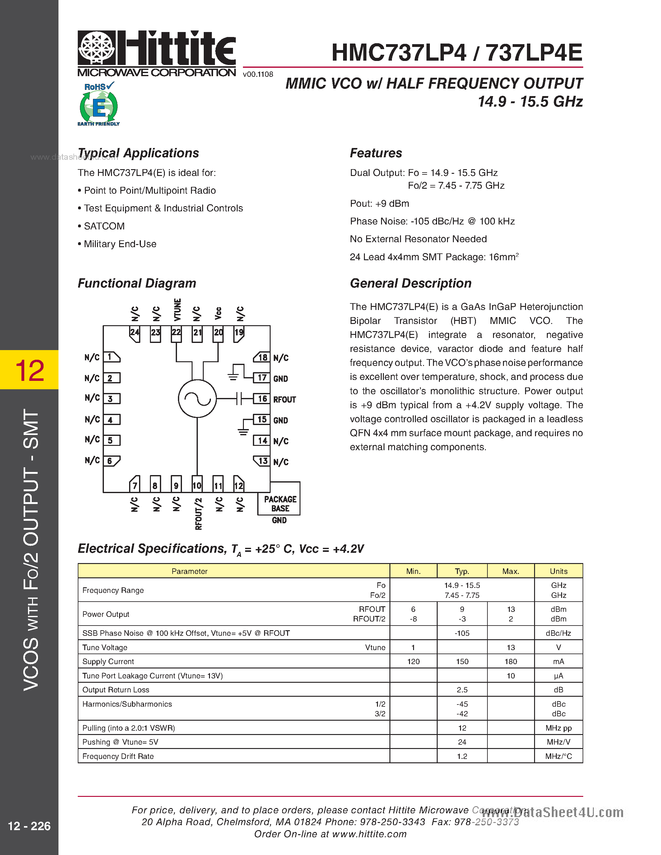Datasheet HMC737LP4 page 1 Datasheet HMC737LP4 - MMIC VCO W/ Half Frequency Output page 1