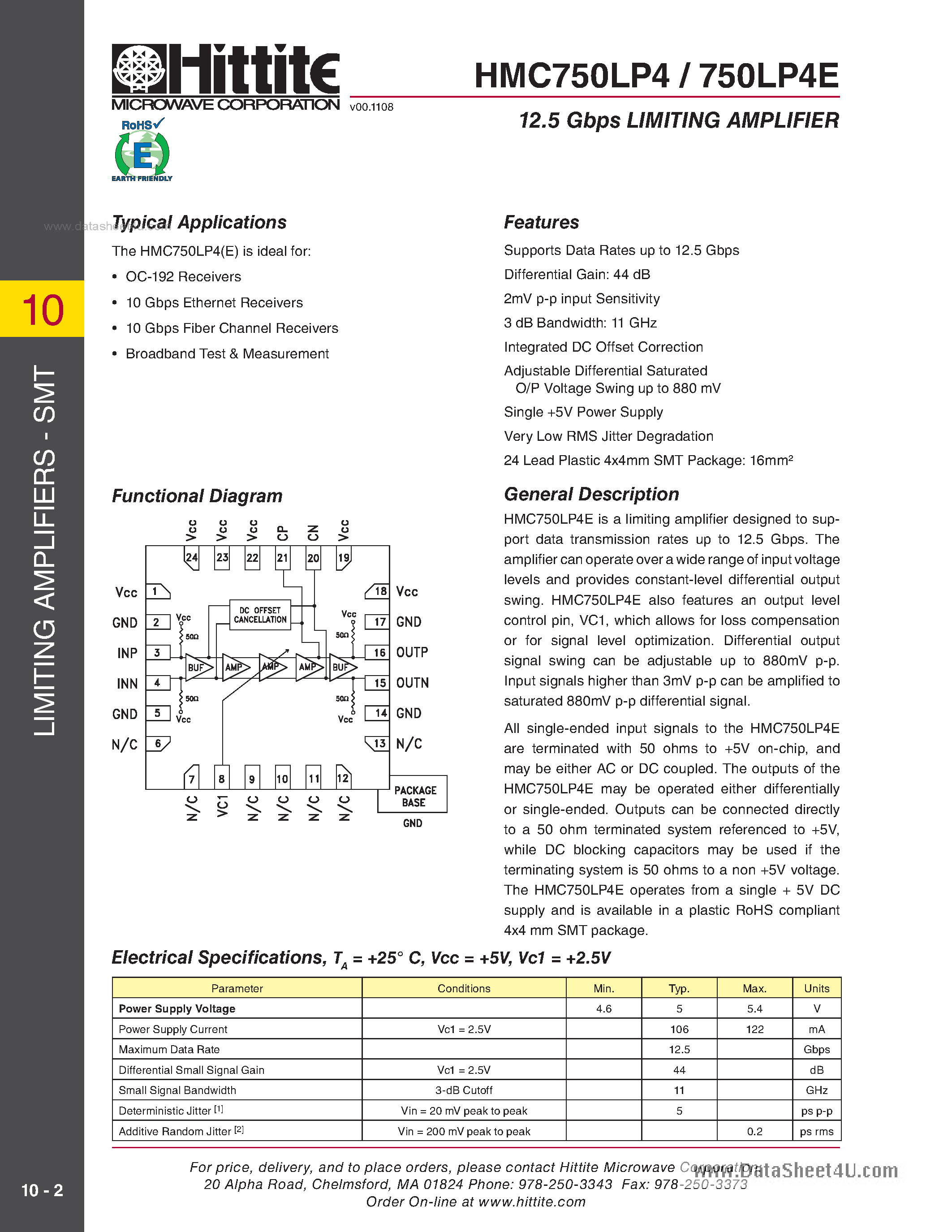 Datasheet HMC750LP4 - 12.5 Gbps Limiting Amplifier SMT page 1