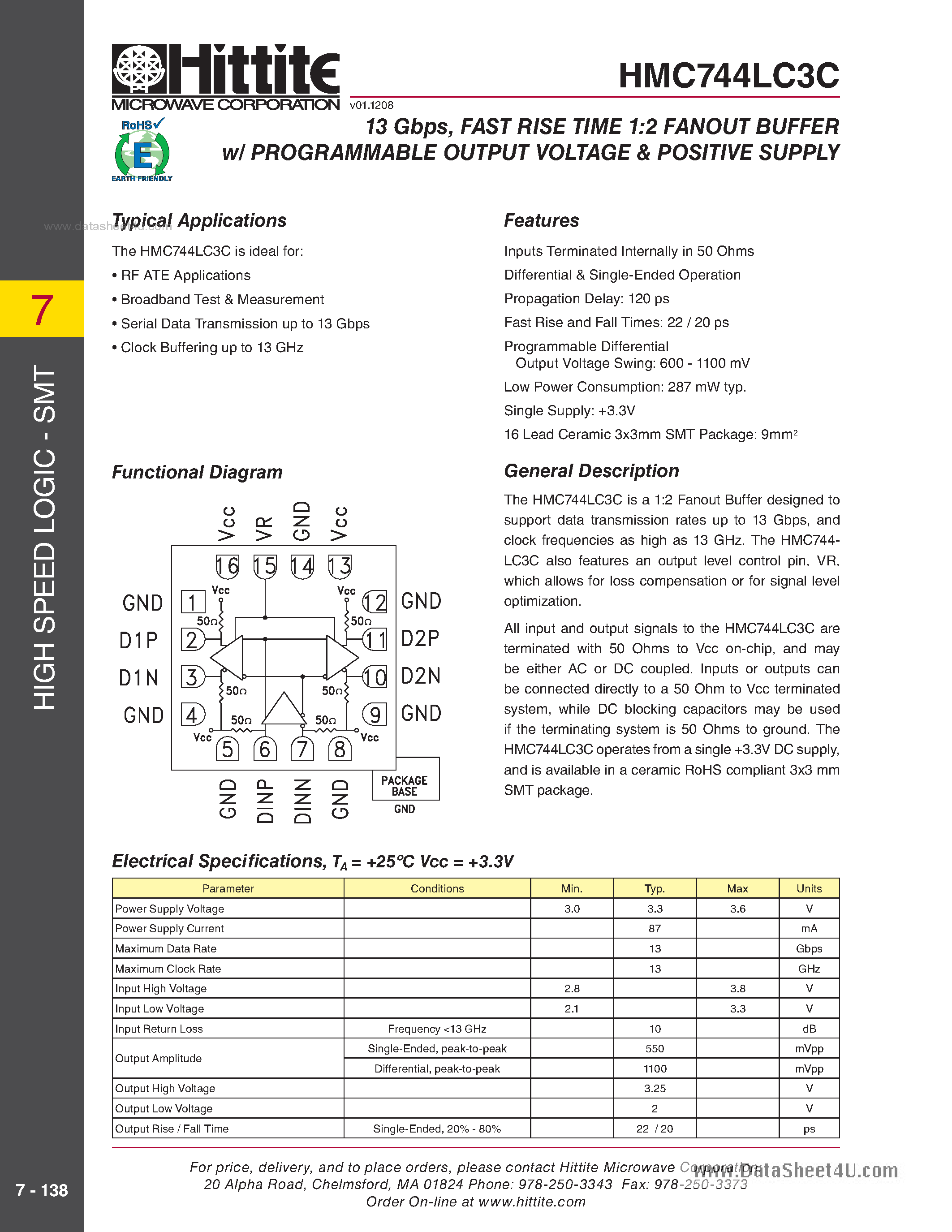 Datasheet HMC744LC3C - 13 Gbps Fast Rise Time 1:2 Fanout Buffer W/Programmable Output Voltage page 1