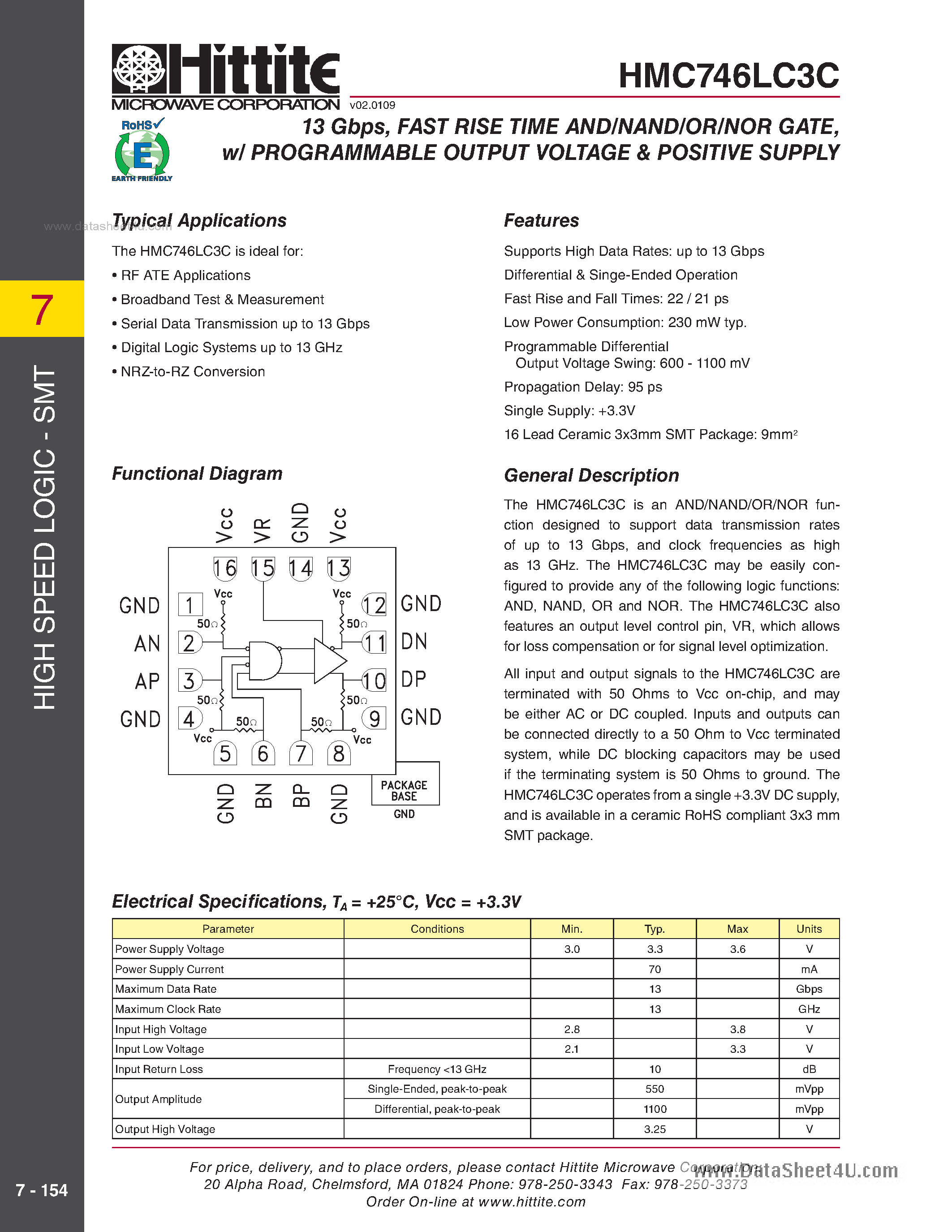 Datasheet HMC746LC3C page 1 Datasheet HMC746LC3C - 13 Gbps Fast Rise Time AND/NAND / OR/NOR Gate W/Programmable Output Voltage page 1
