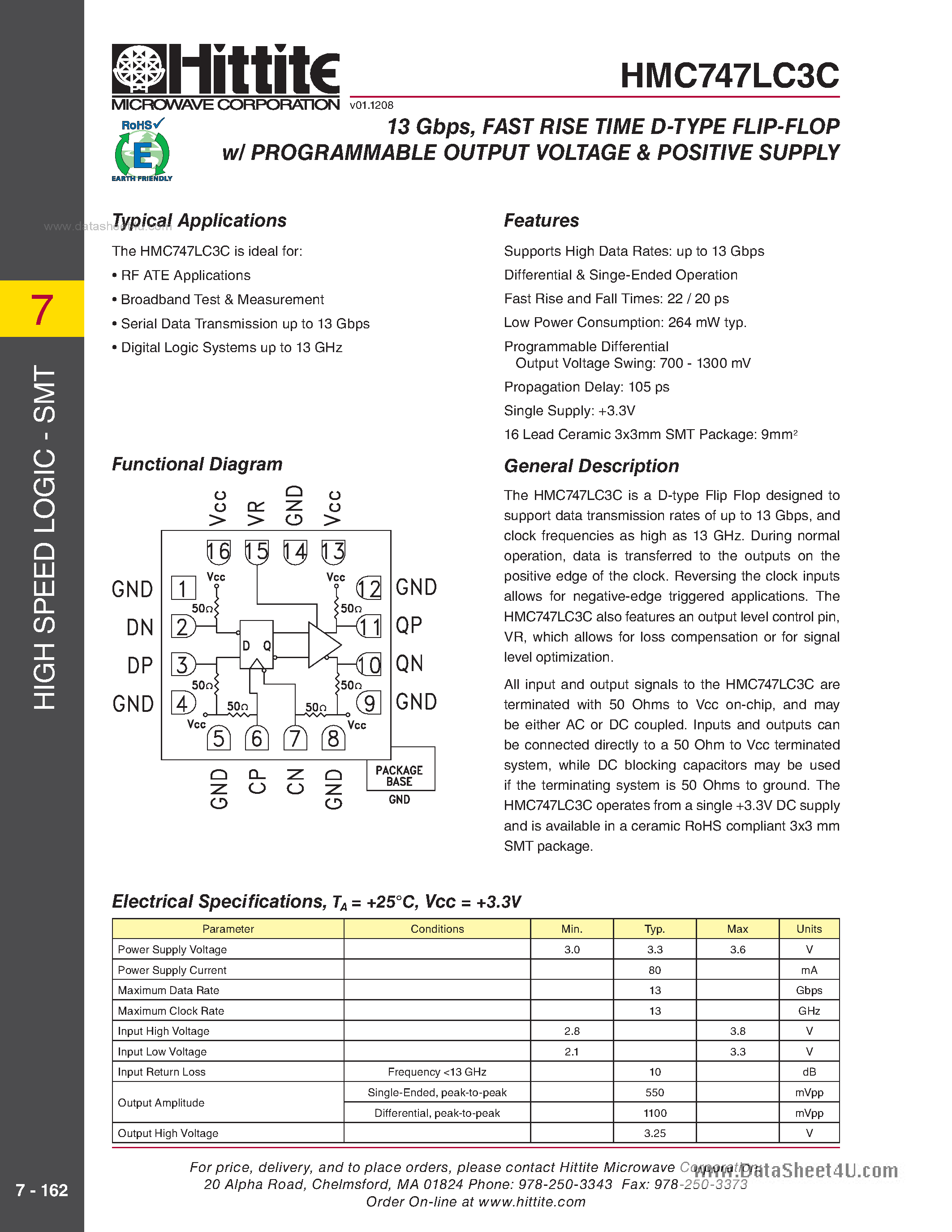 Datasheet HMC747LC3C - 13 Gbps Fast Rise Time D-Type Flip-Flop W/Programmable Output Voltage page 1