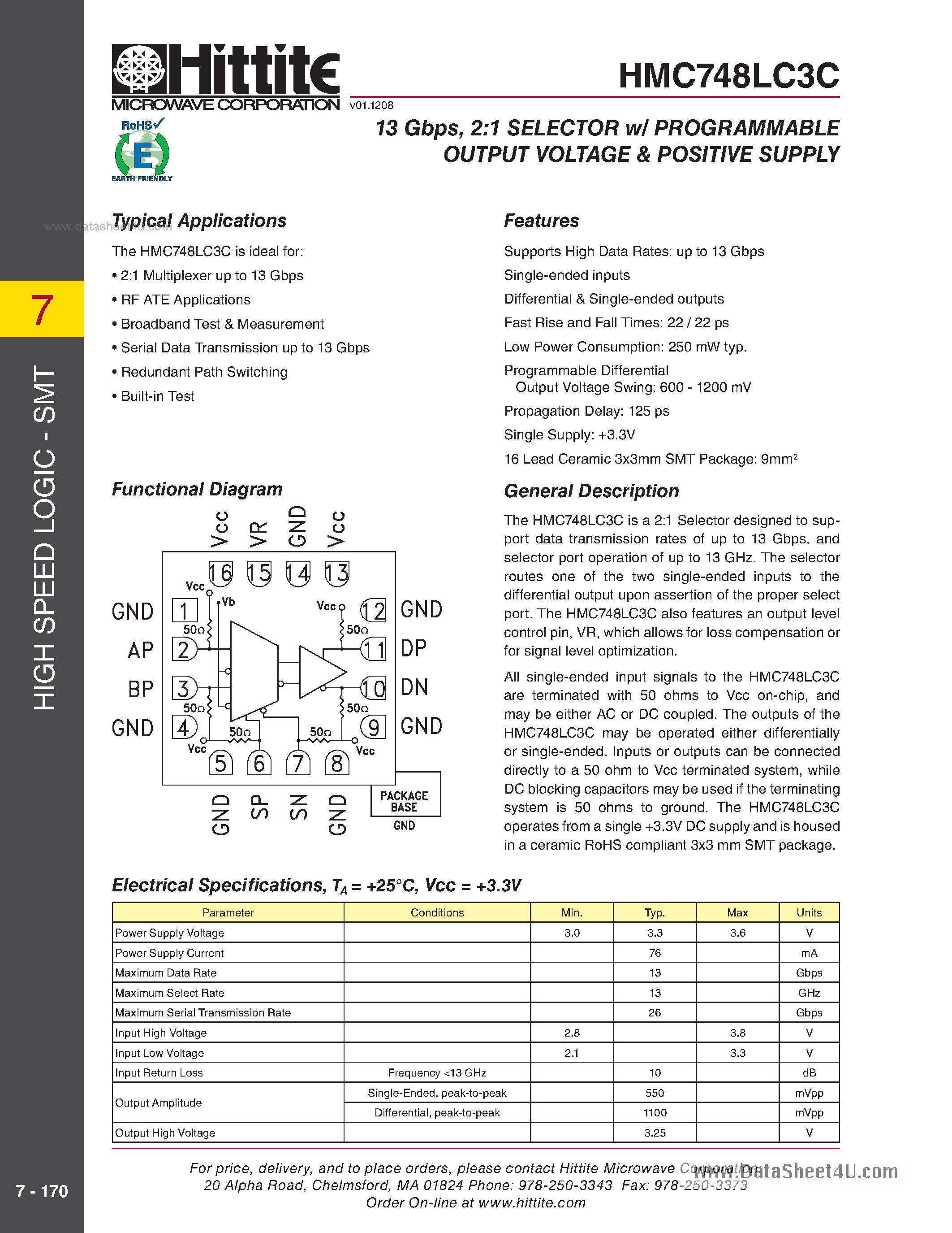 Datasheet HMC748LC3C - 13 Gbps Fast Rise Time 2:1 Selector W/Programmable Output Voltage page 1