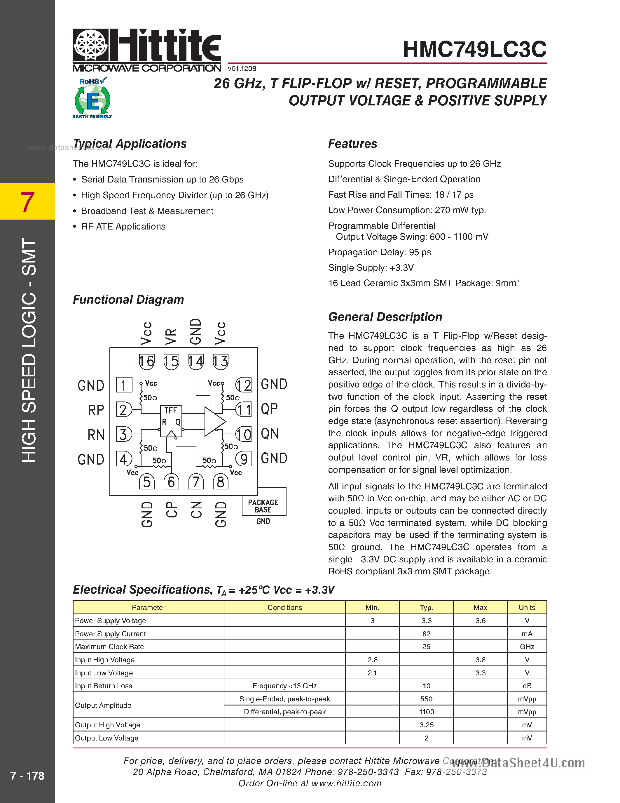 Даташит HMC749LC3C - 26 GHz Fast Rise Time T Flip-Flop W/Reset & Programmable Output Voltage страница 1