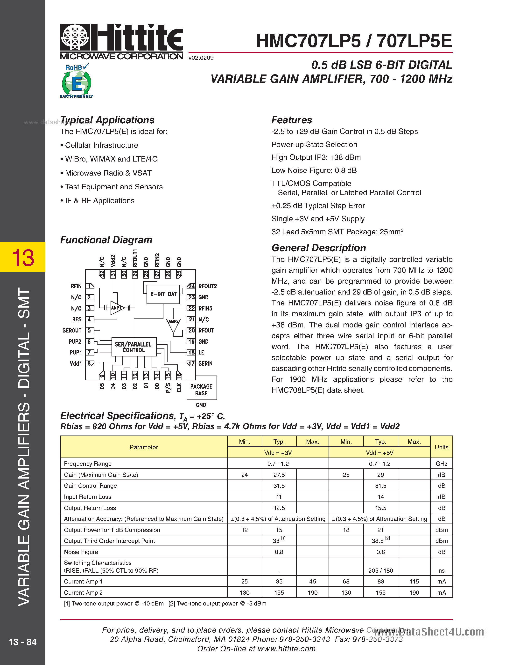 Datasheet HMC707LP5 - 6-Bit Digital Variable Gain Amplifier page 1