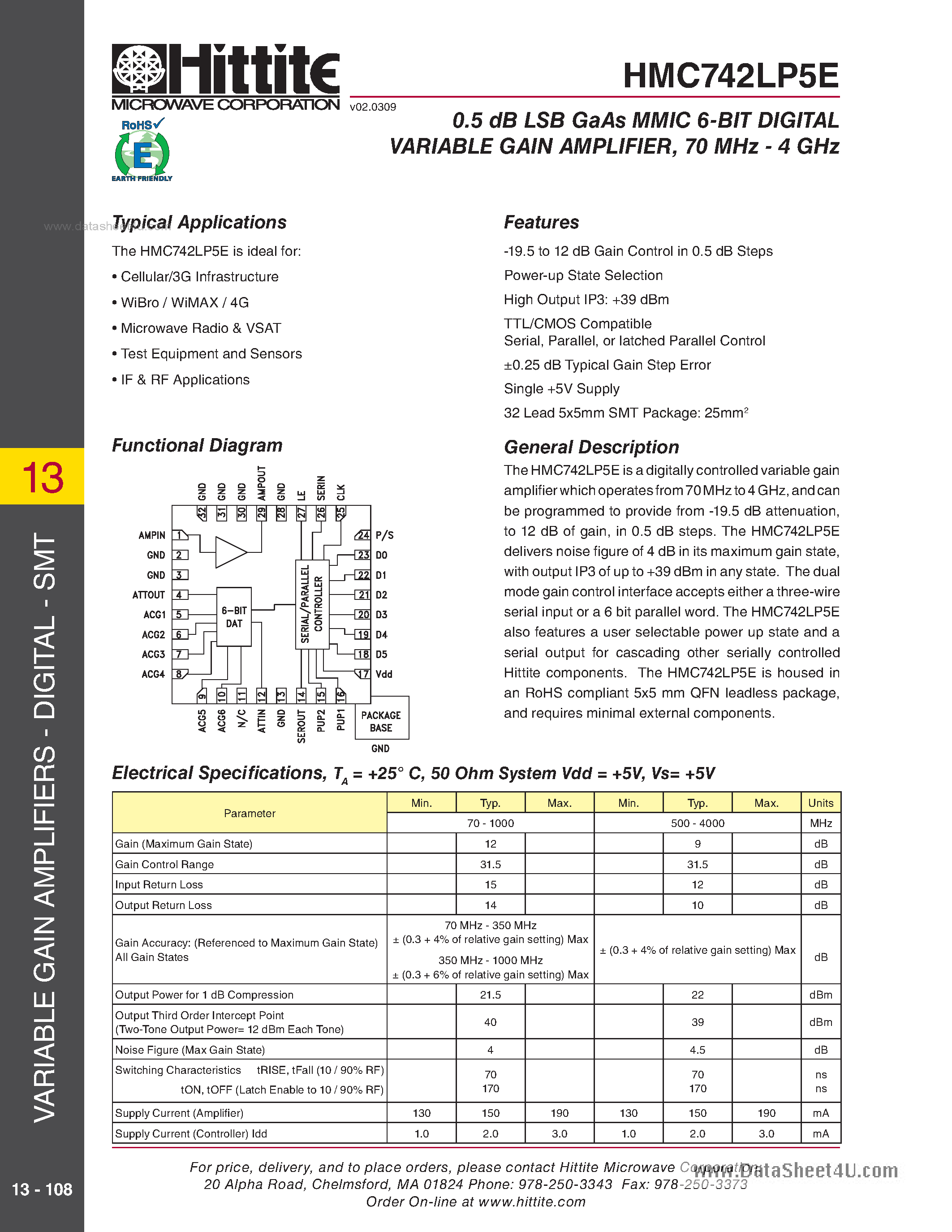 Datasheet HMC742LP5E - 6-Bit Digital Variable Gain Amplifier SMT page 1
