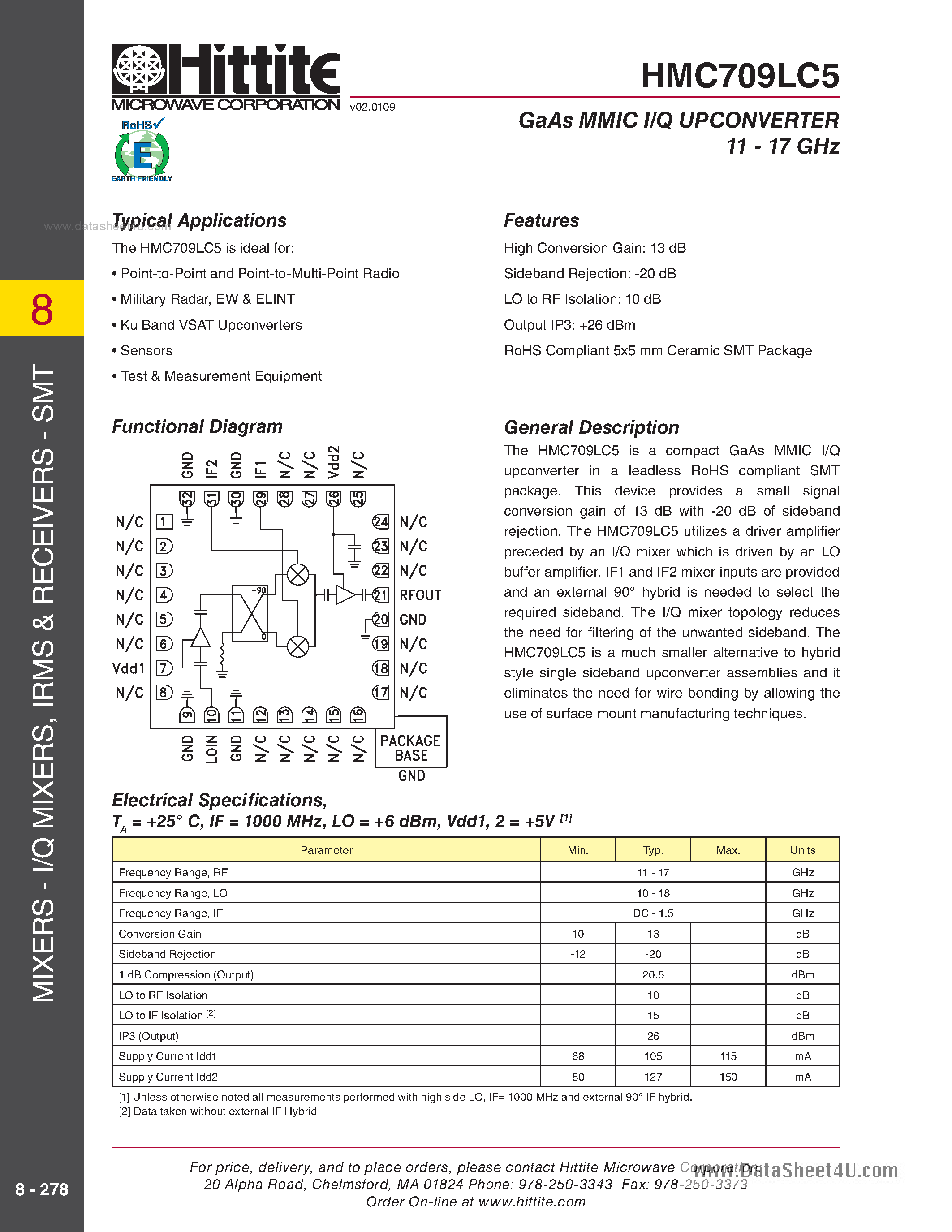 Datasheet HMC709LC5 page 1 Datasheet HMC709LC5 - GaAs MMIC I/Q Upconverter SMT page 1