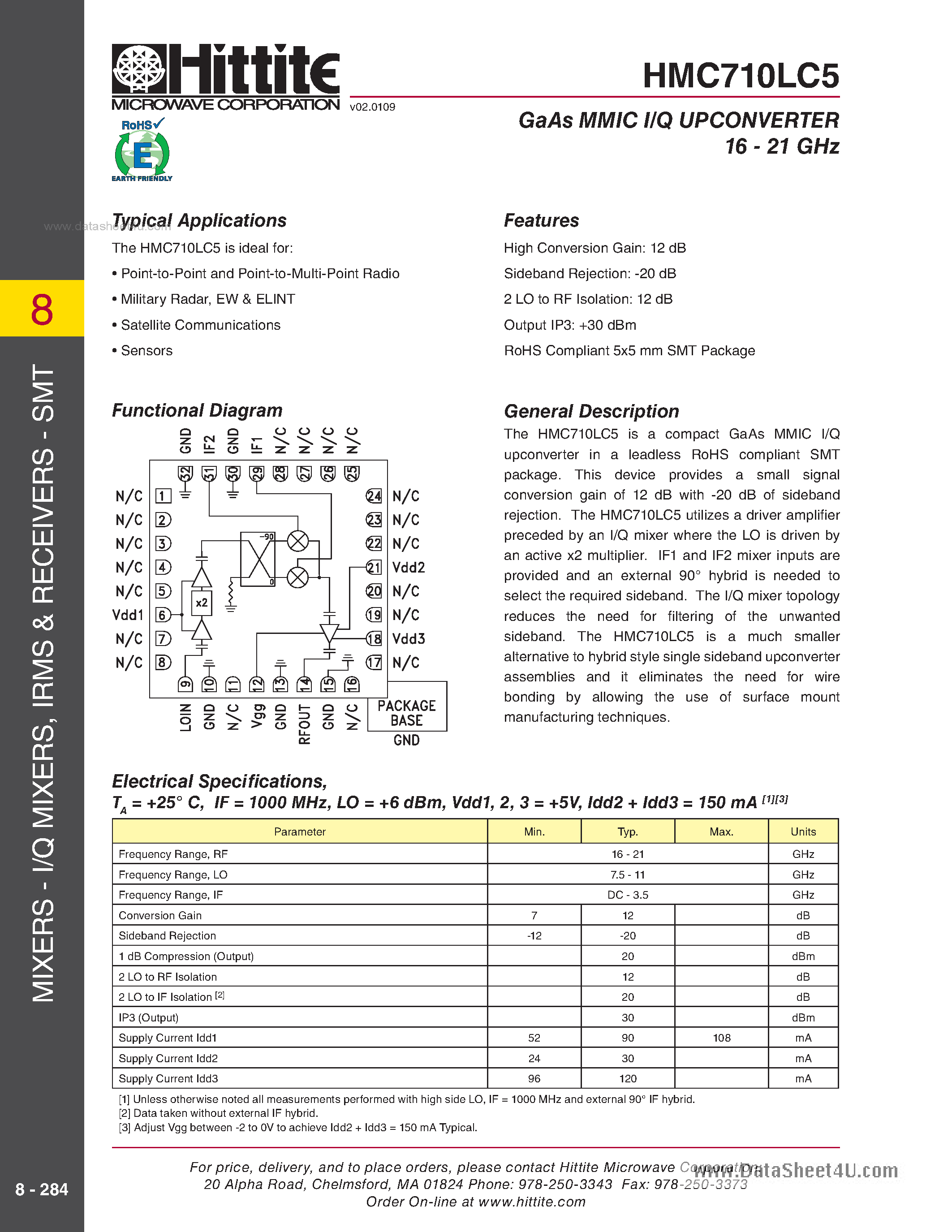 Datasheet HMC710LC5 page 1 Datasheet HMC710LC5 - GaAs MMIC I/Q Upconverter SMT page 1