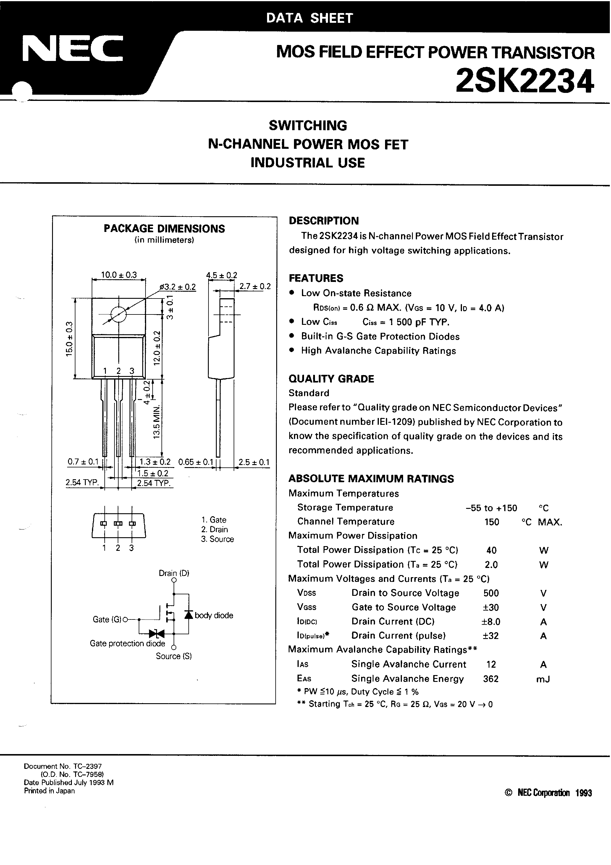 Datasheet 2SK2234 - MOS Field Effect Power Transistor page 2
