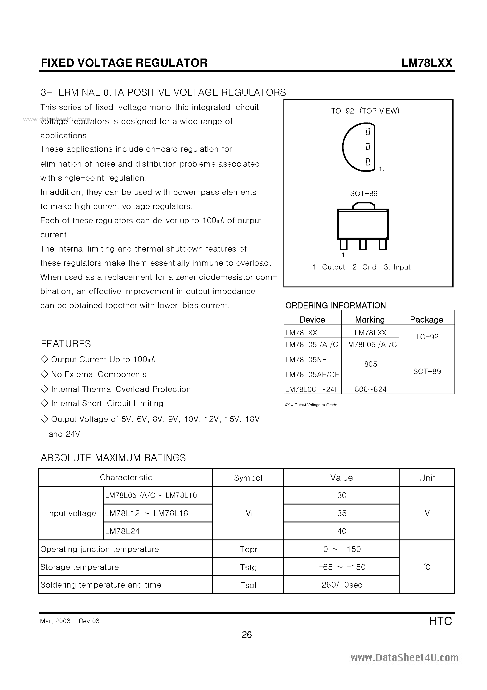 Даташит на микросхему LM78L06 страница 1 Даташит LM78L06 - (LM78Lxx) FIXED VOLTAGE REGULATOR страница 1