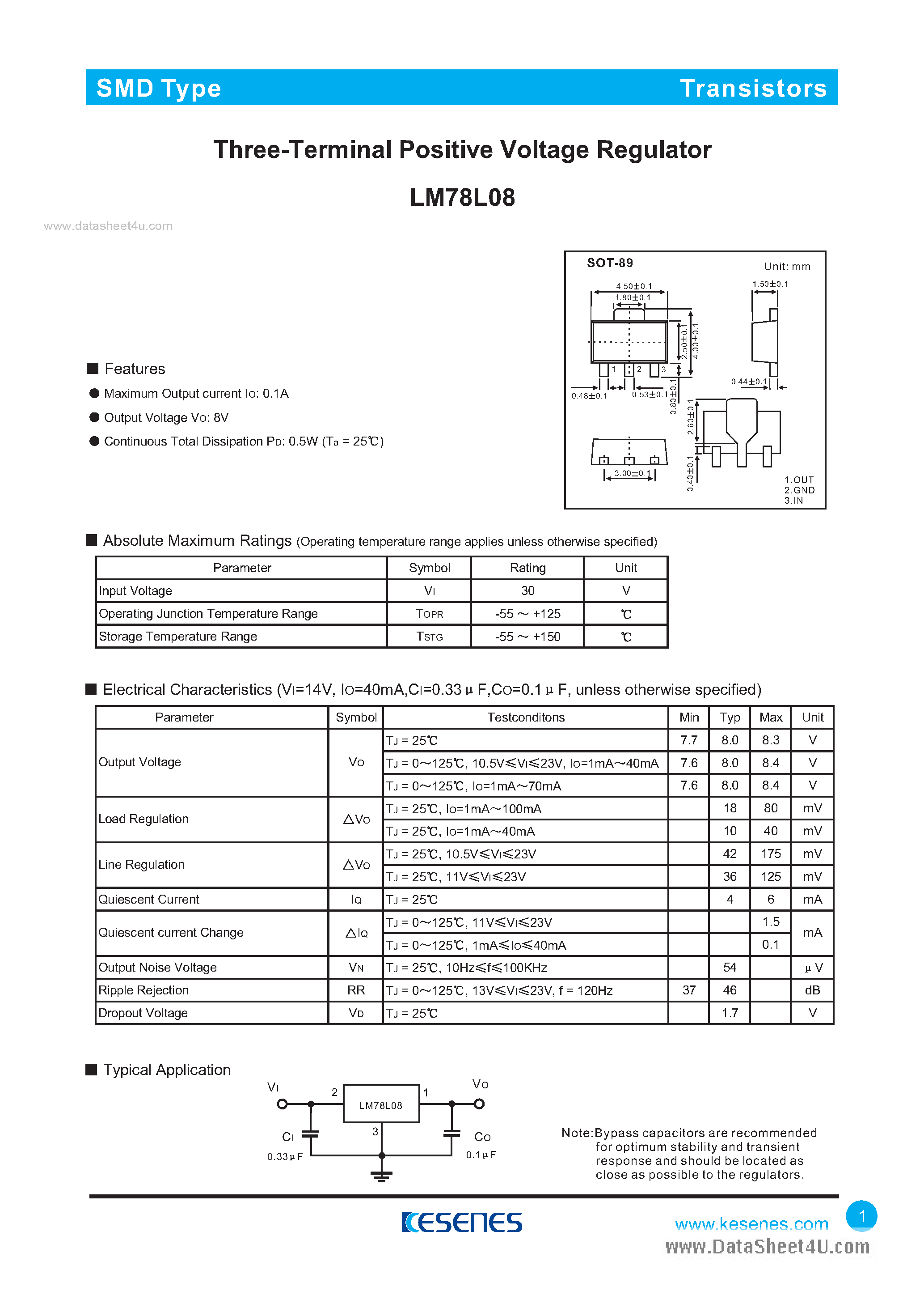 Даташит на микросхему LM78L08 страница 1 Даташит LM78L08 - 3-Terminal Positive Voltage Regulator страница 1