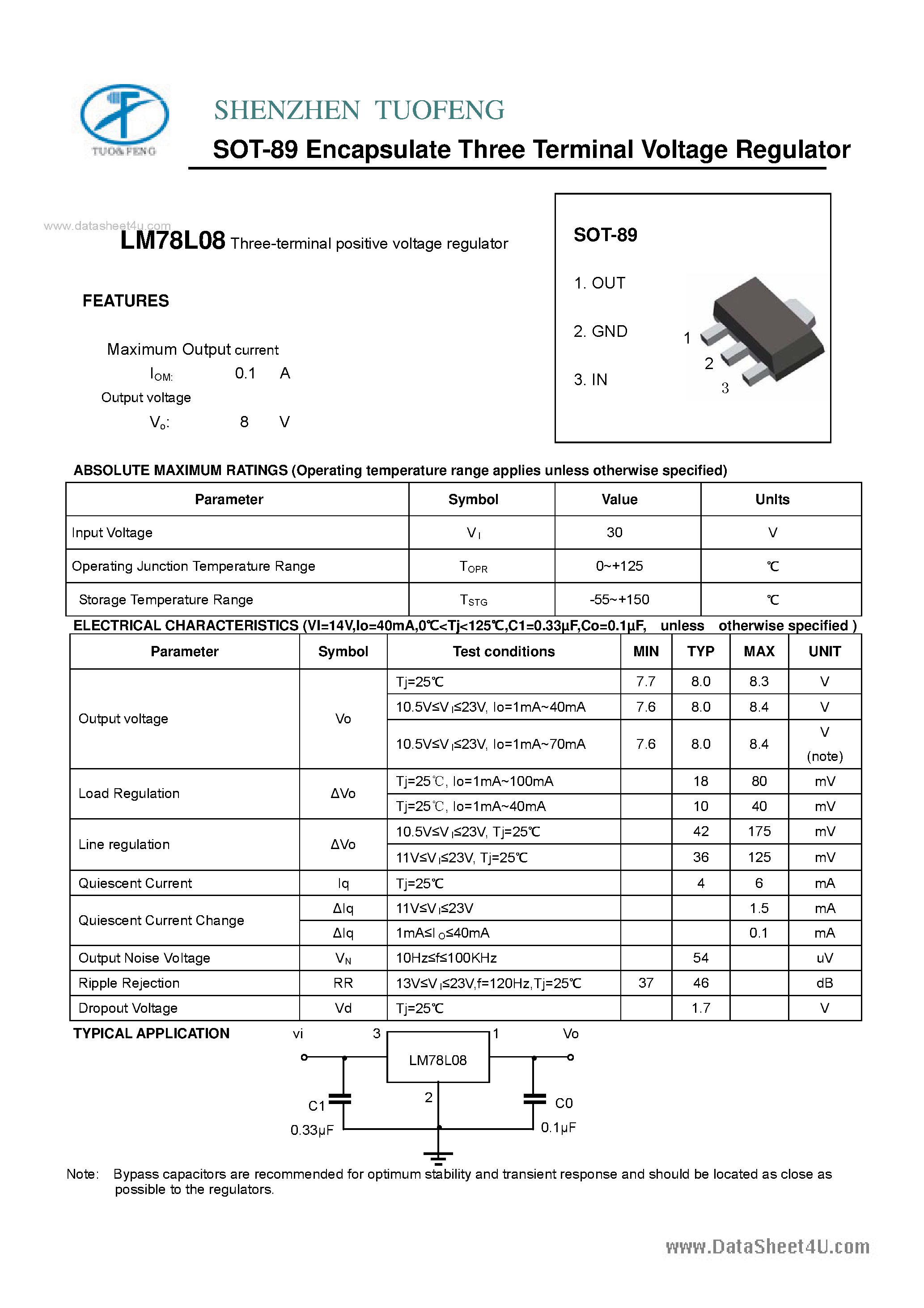 Даташит на микросхему LM78L08 страница 1 Даташит LM78L08 - TO-89 3-Terminal Voltage Regulator страница 1